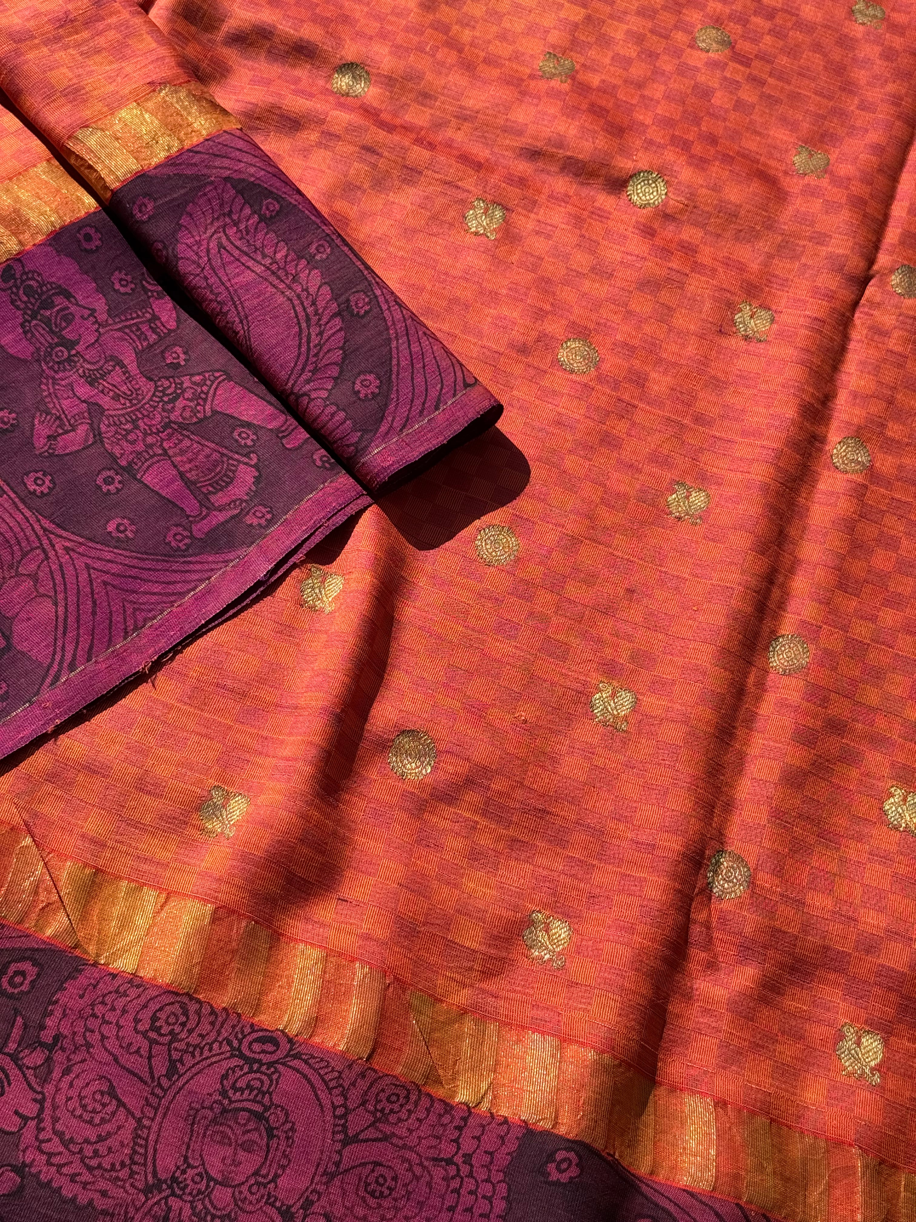 A masterpiece Paimadi kanchivaram silk saree with miniature penkalamkari and Katha handembroidery work