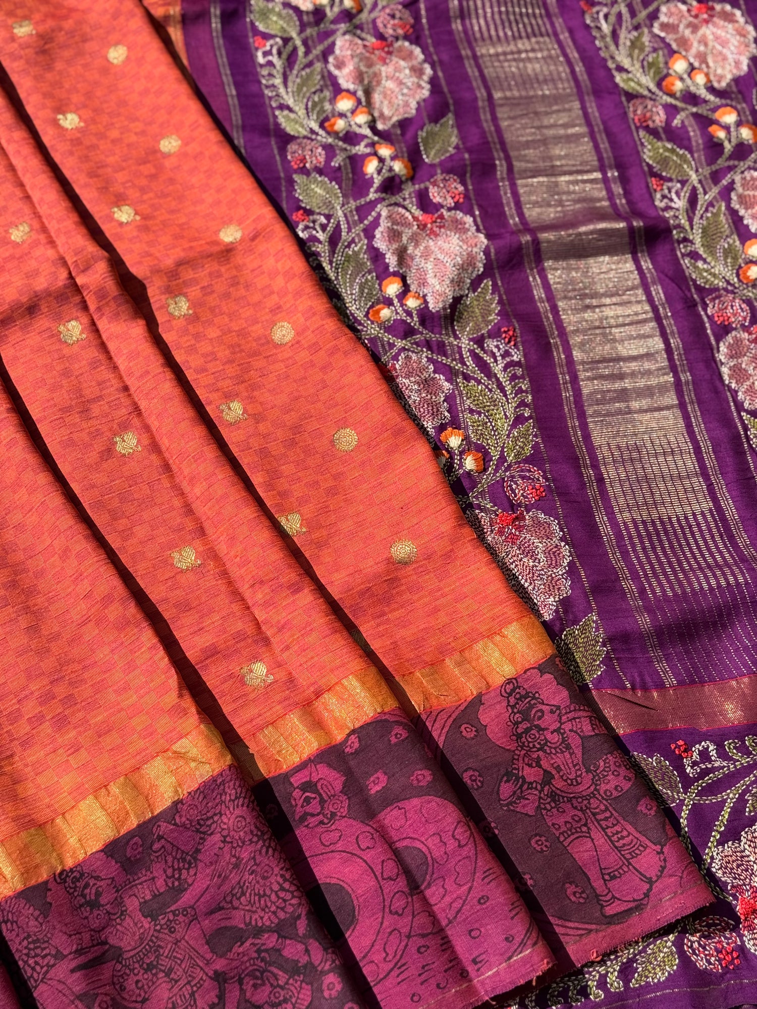 A masterpiece Paimadi kanchivaram silk saree with miniature penkalamkari and Katha handembroidery work