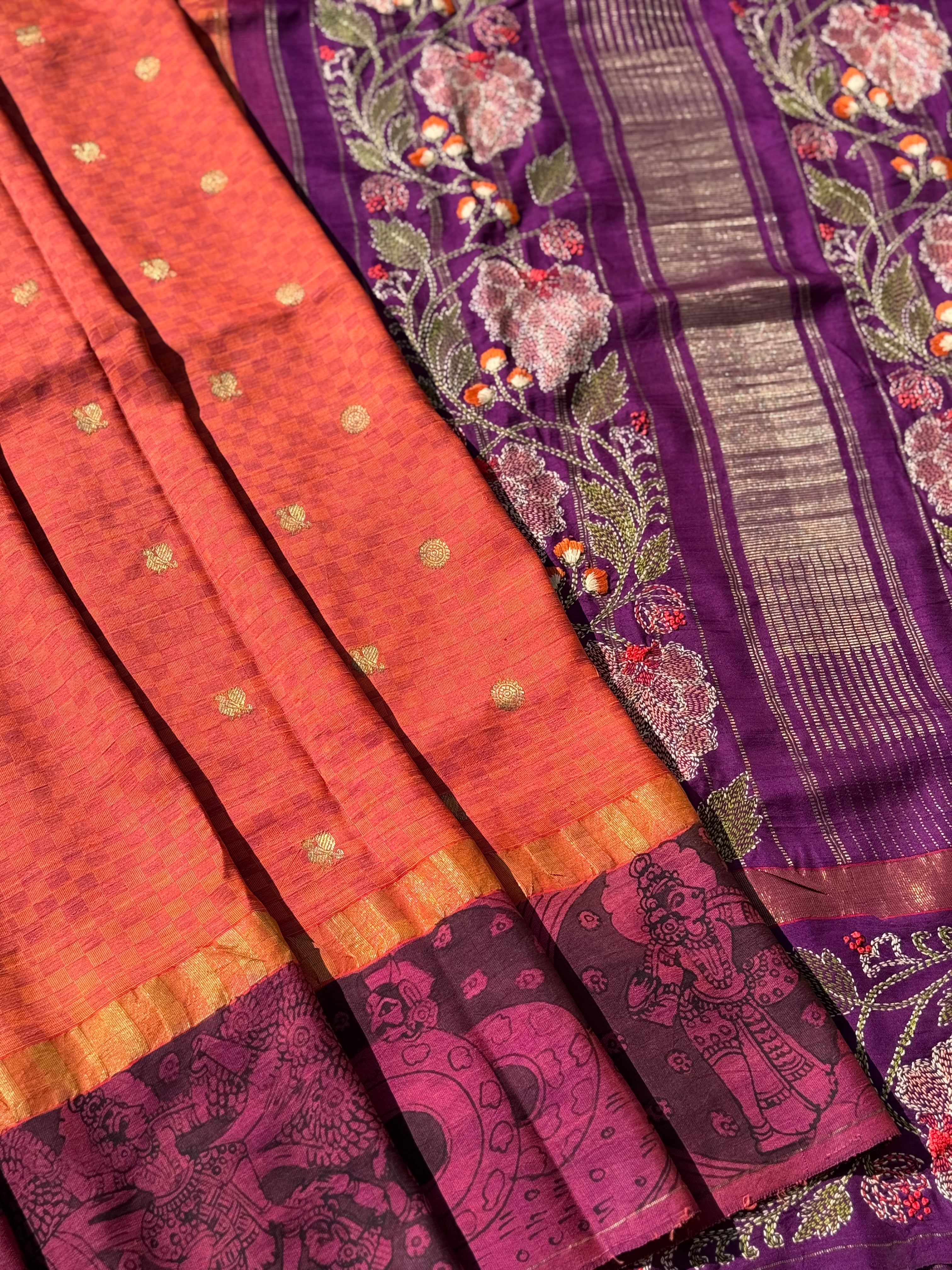 A masterpiece Paimadi kanchivaram silk saree with miniature penkalamkari and Katha handembroidery work