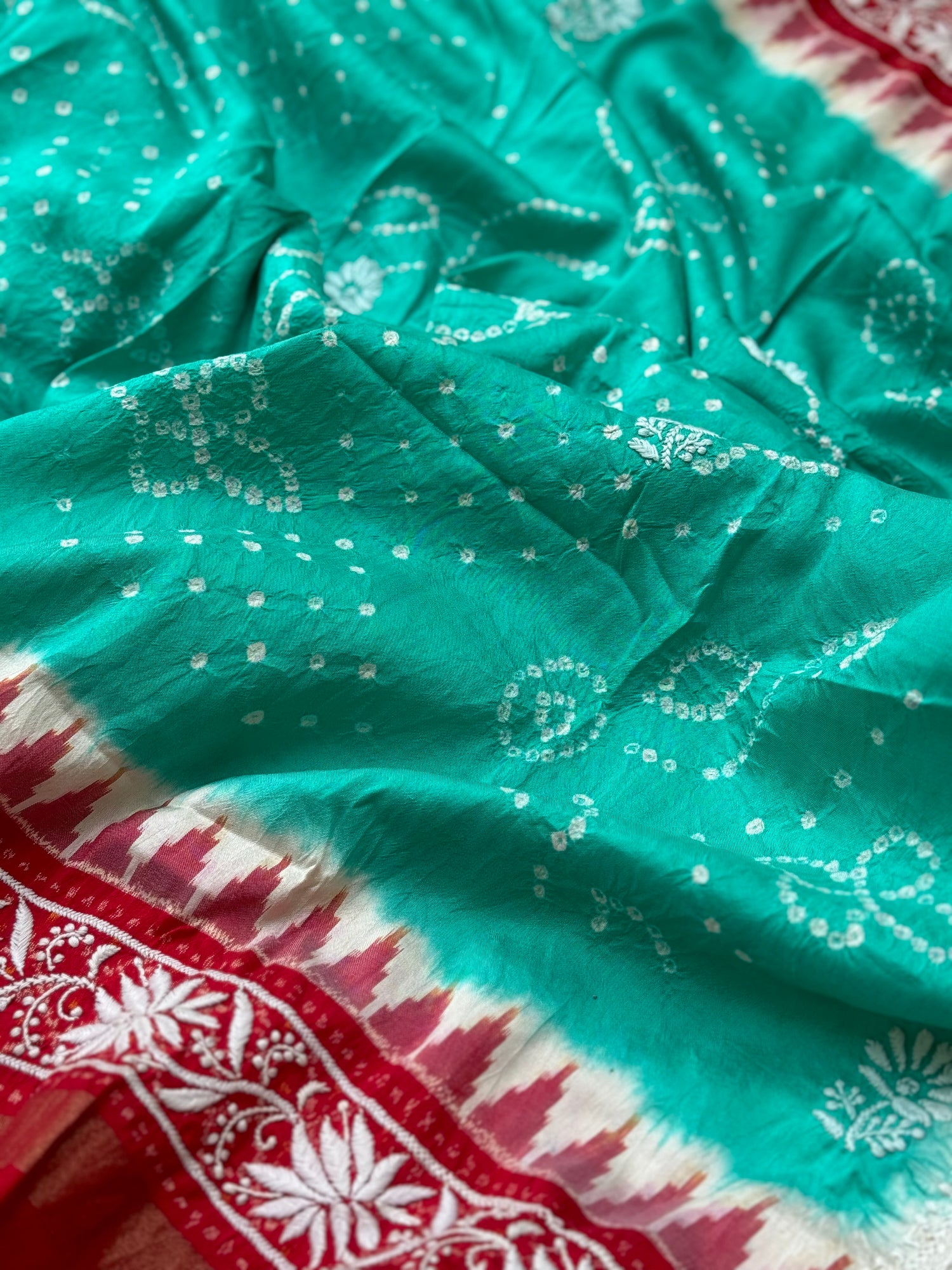 Fusion Rai Bhandej on ikkat silk with hand embroidery Chikankari work