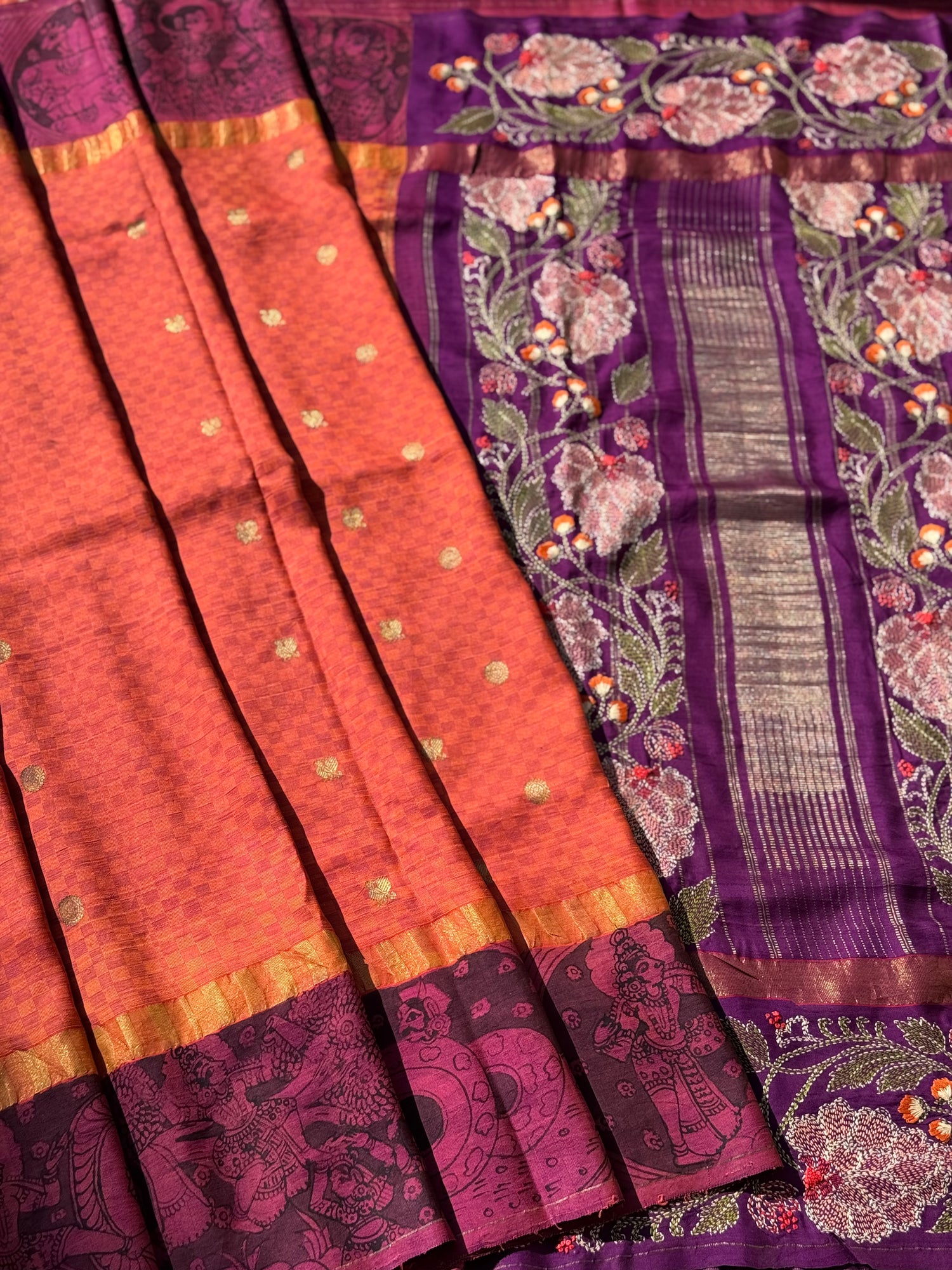 A masterpiece Paimadi kanchivaram silk saree with miniature penkalamkari and Katha handembroidery work
