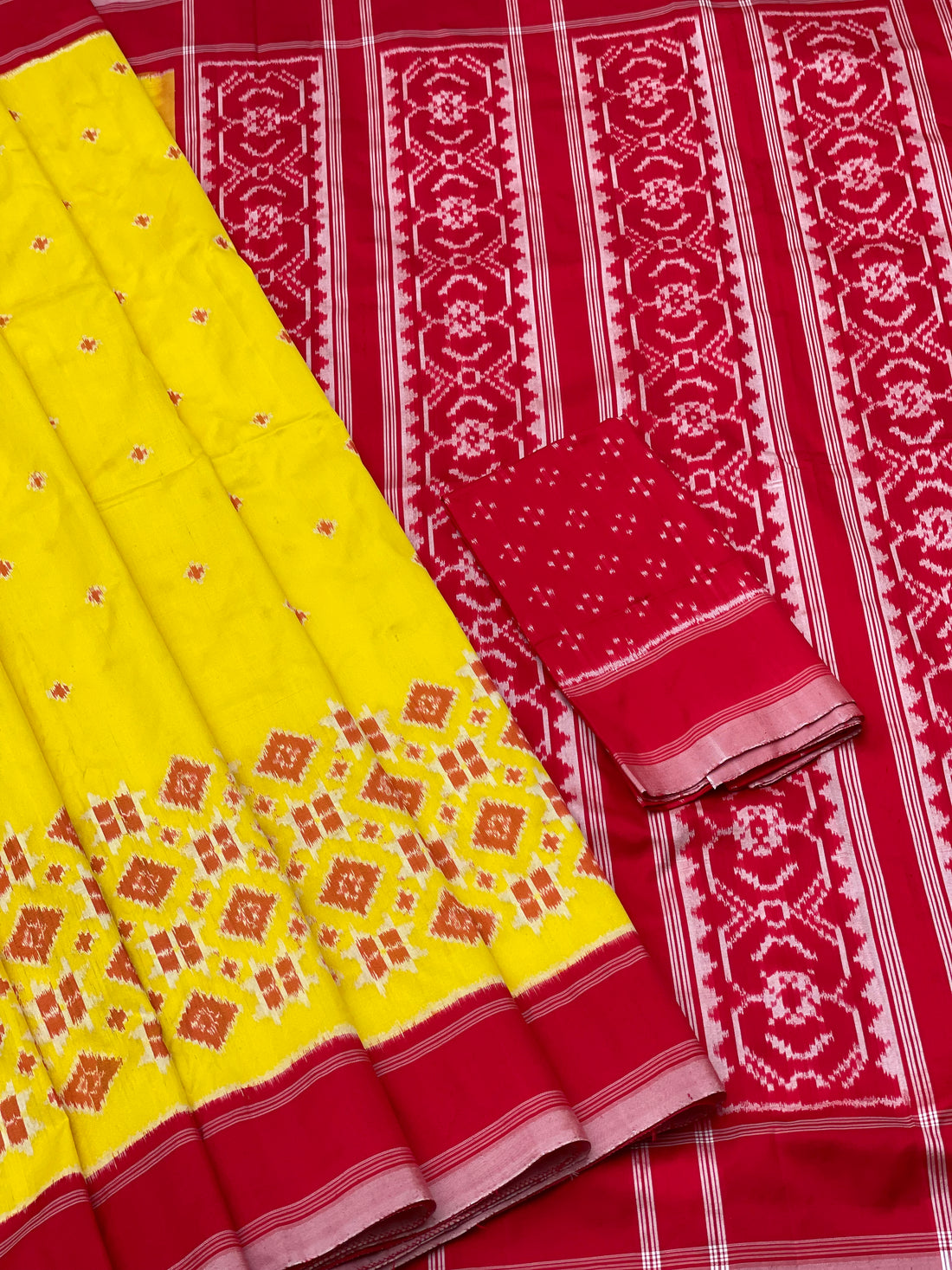 Yellow Red Telia Rumal Single Ikkat Saree