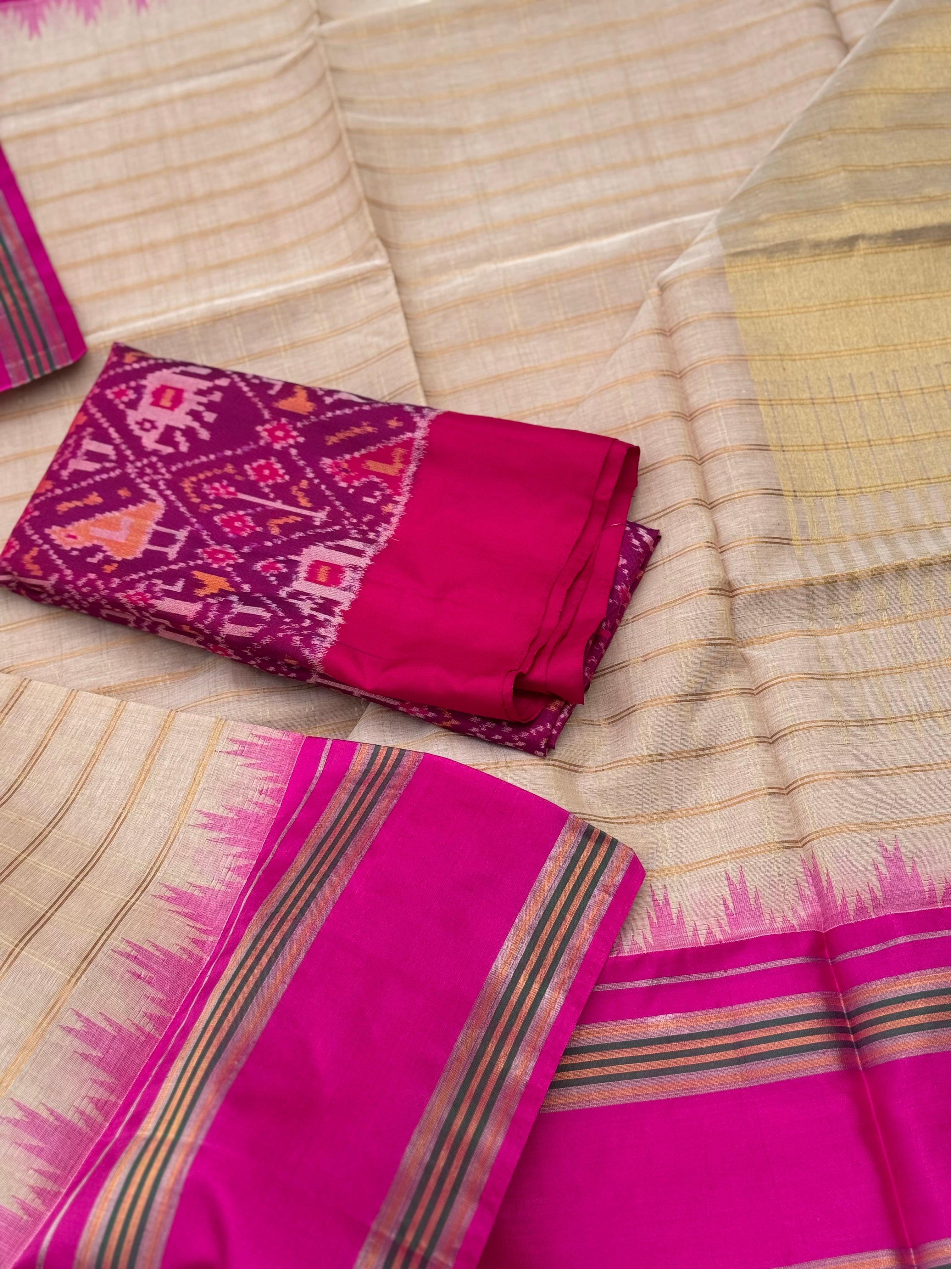 Handspun and handwoven ponduru Khadhi cotton saree with zari checks
