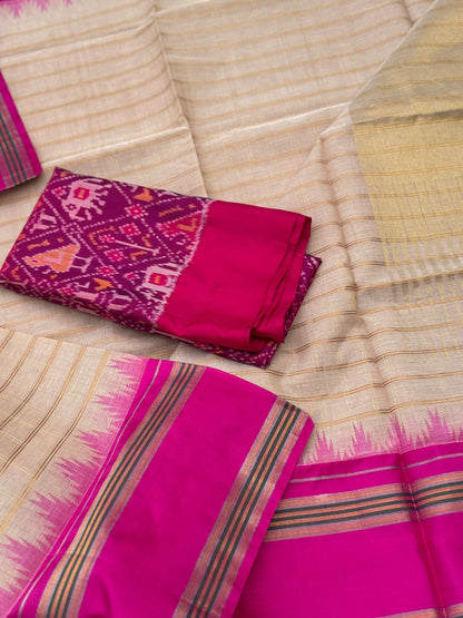 Handspun and handwoven ponduru Khadhi cotton saree with zari checks
