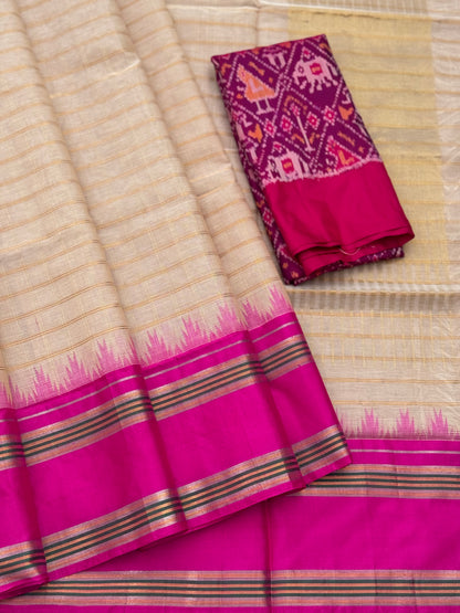 Handspun and handwoven ponduru Khadhi cotton saree with zari checks