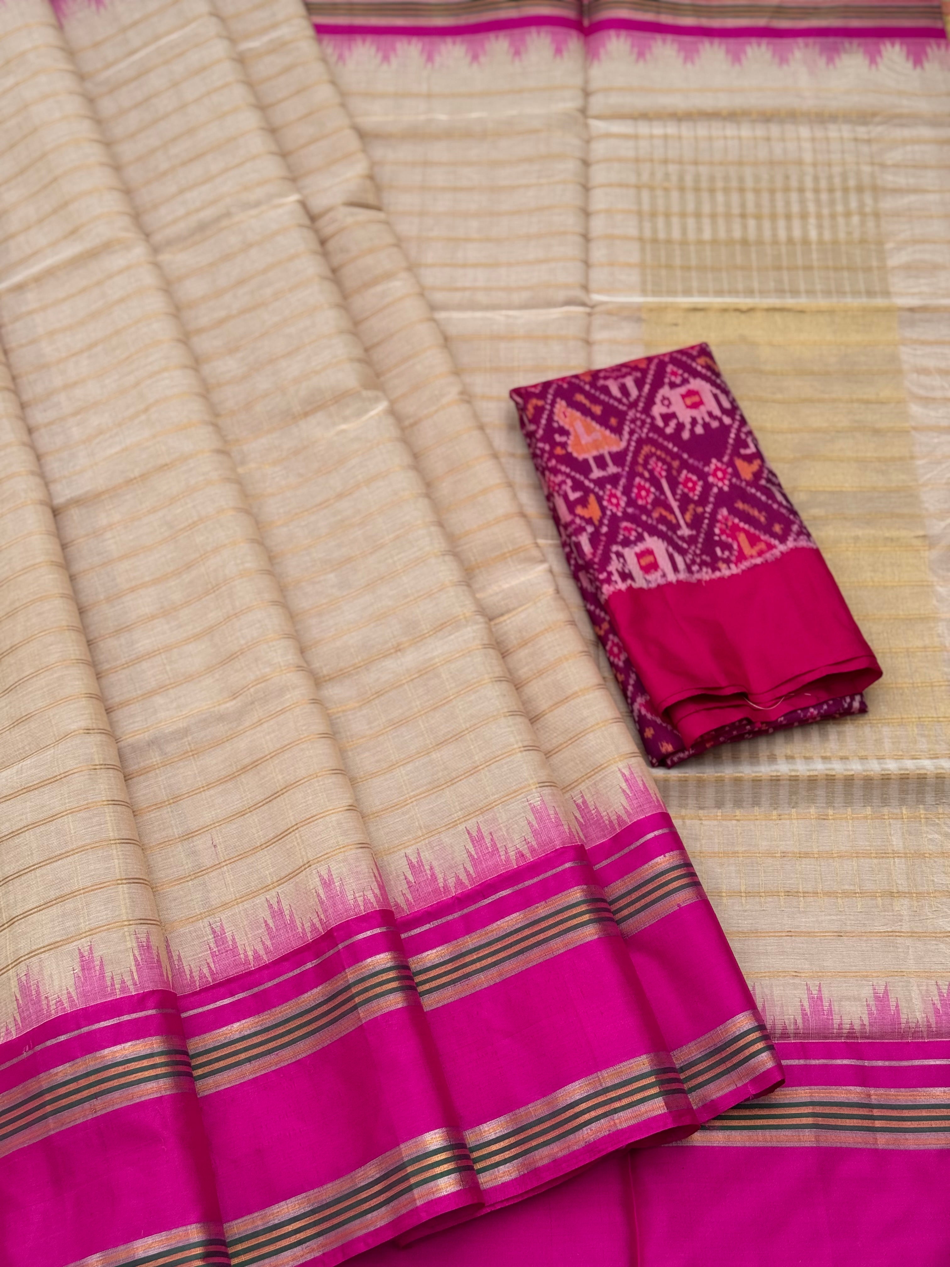 Handspun and handwoven ponduru Khadhi cotton saree with zari checks