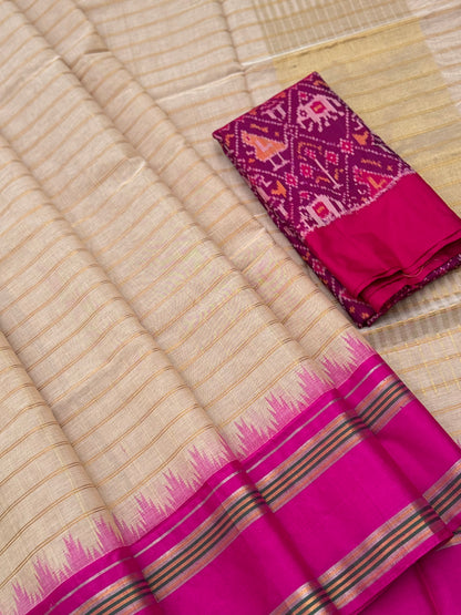 Handspun and handwoven ponduru Khadhi cotton saree with zari checks