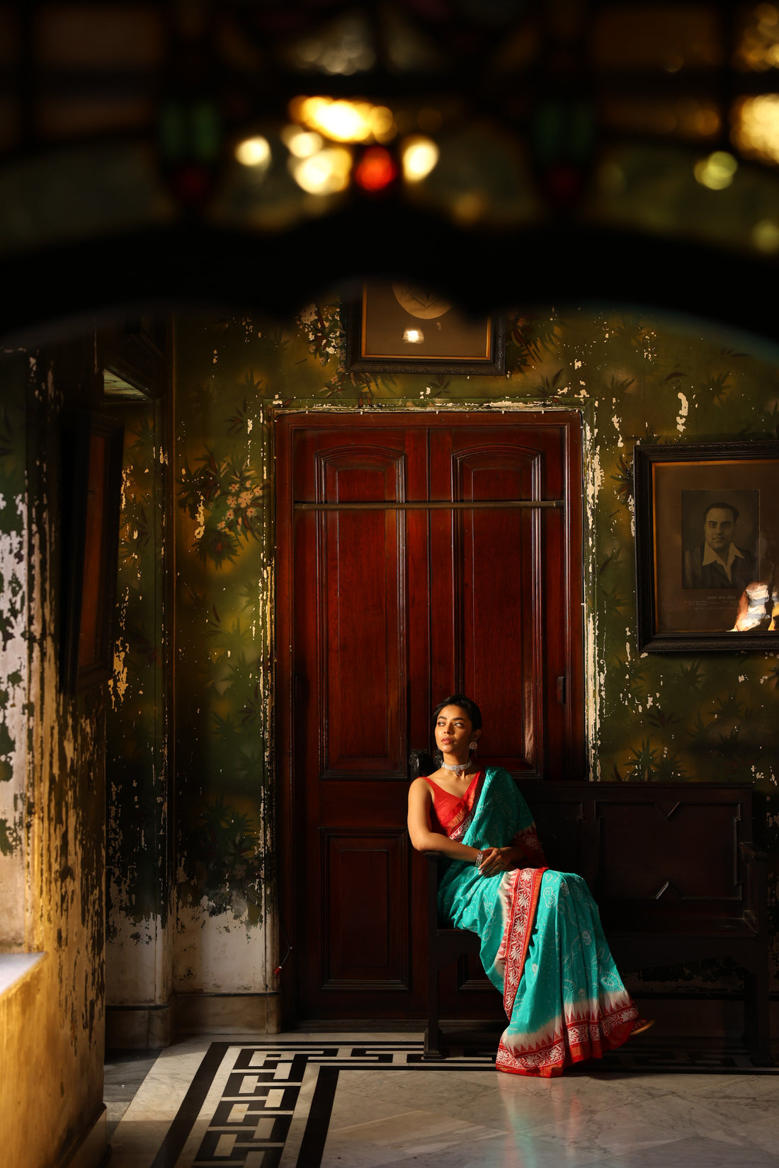 Fusion Rai Bhandej on ikkat silk with hand embroidery Chikankari work