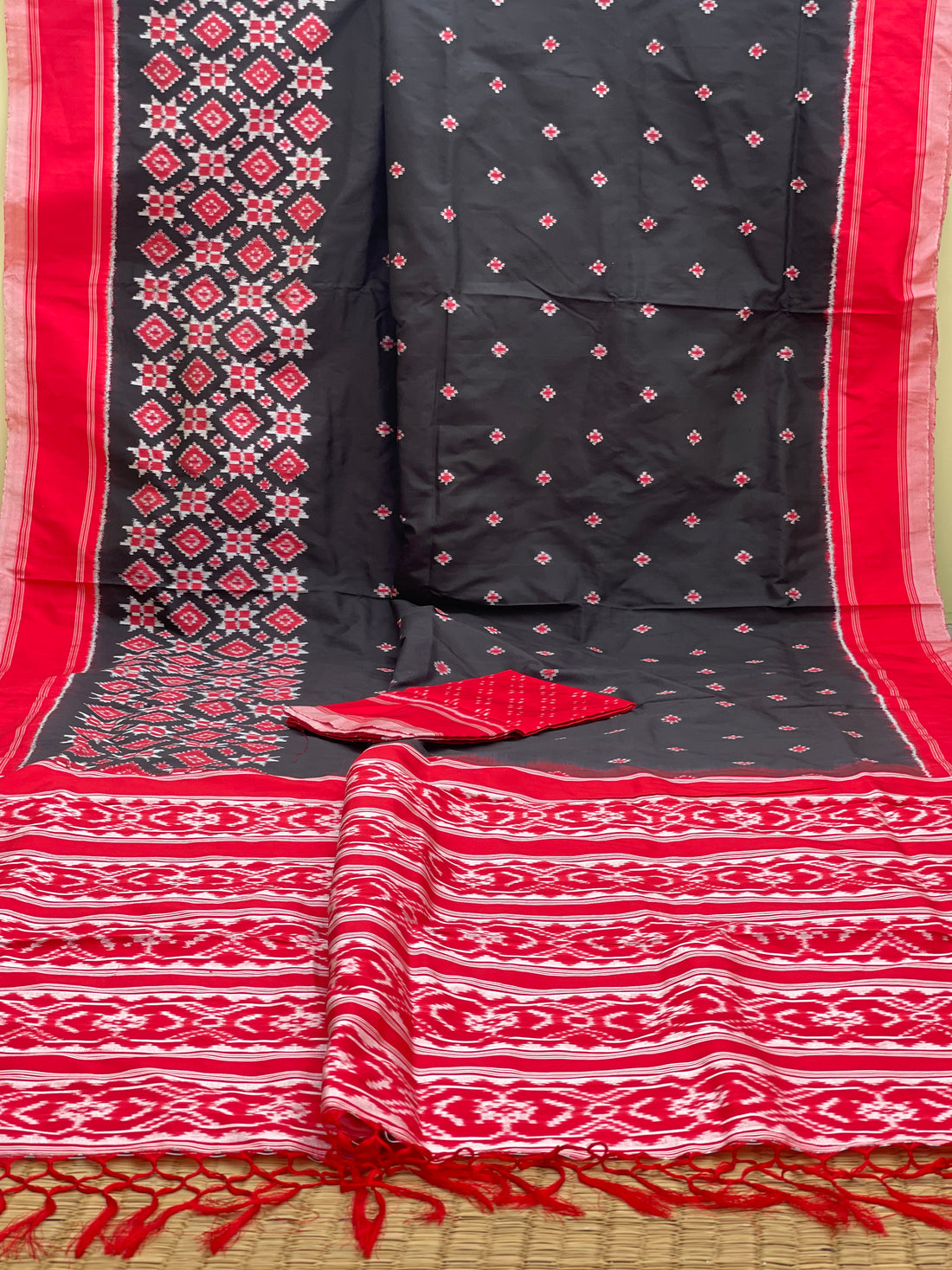 Red and Black Telia Rumal Single Ikkat Silk Saree