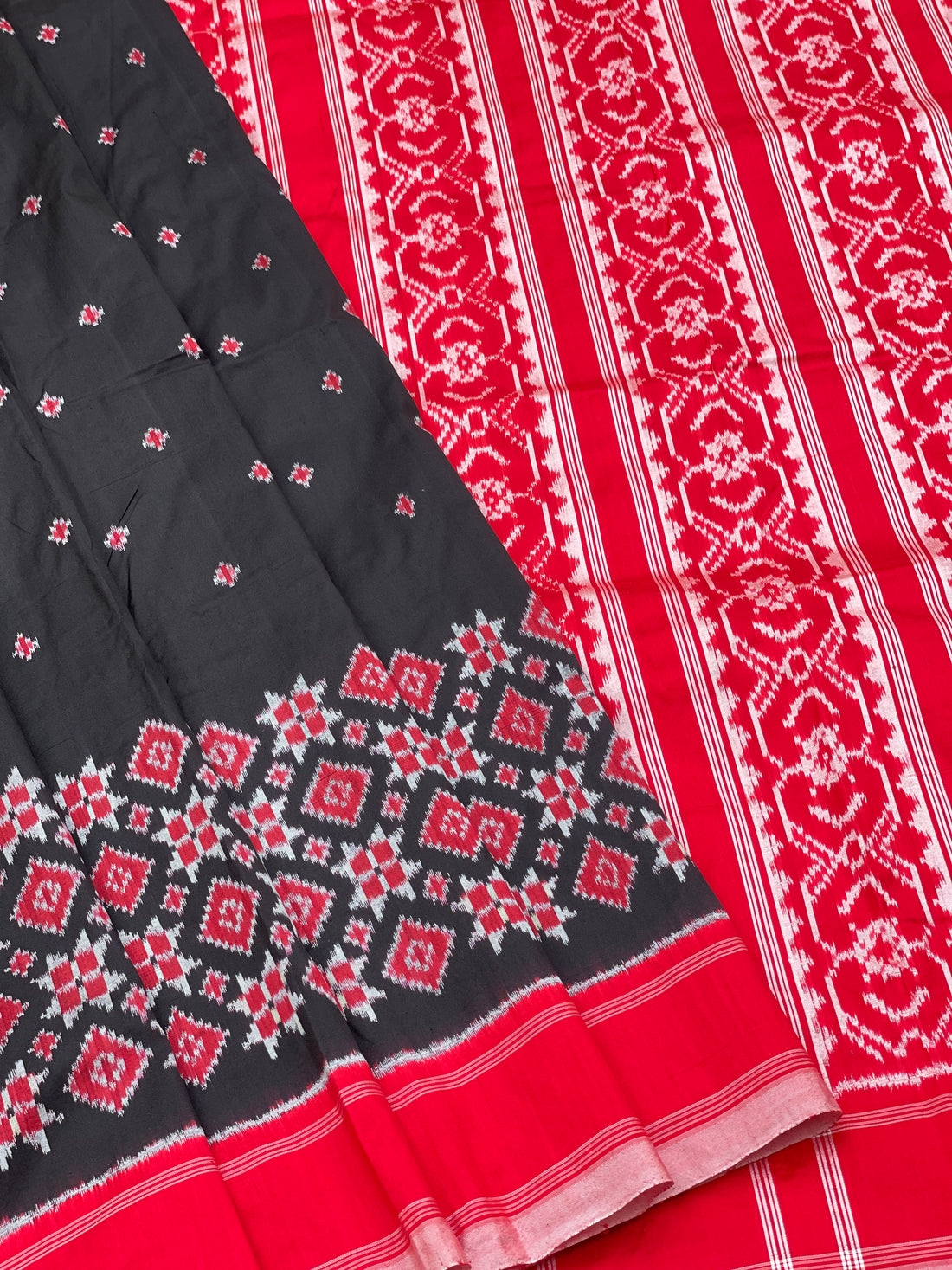 Red and Black Telia Rumal Single Ikkat Silk Saree