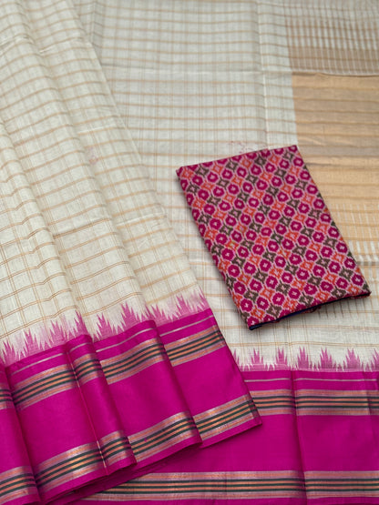 Handspun and handwoven ponduru Khadhi cotton saree with zari checks