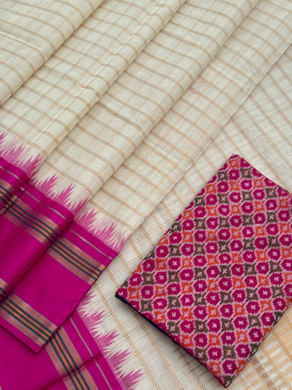 Handspun and handwoven ponduru Khadhi cotton saree with zari checks