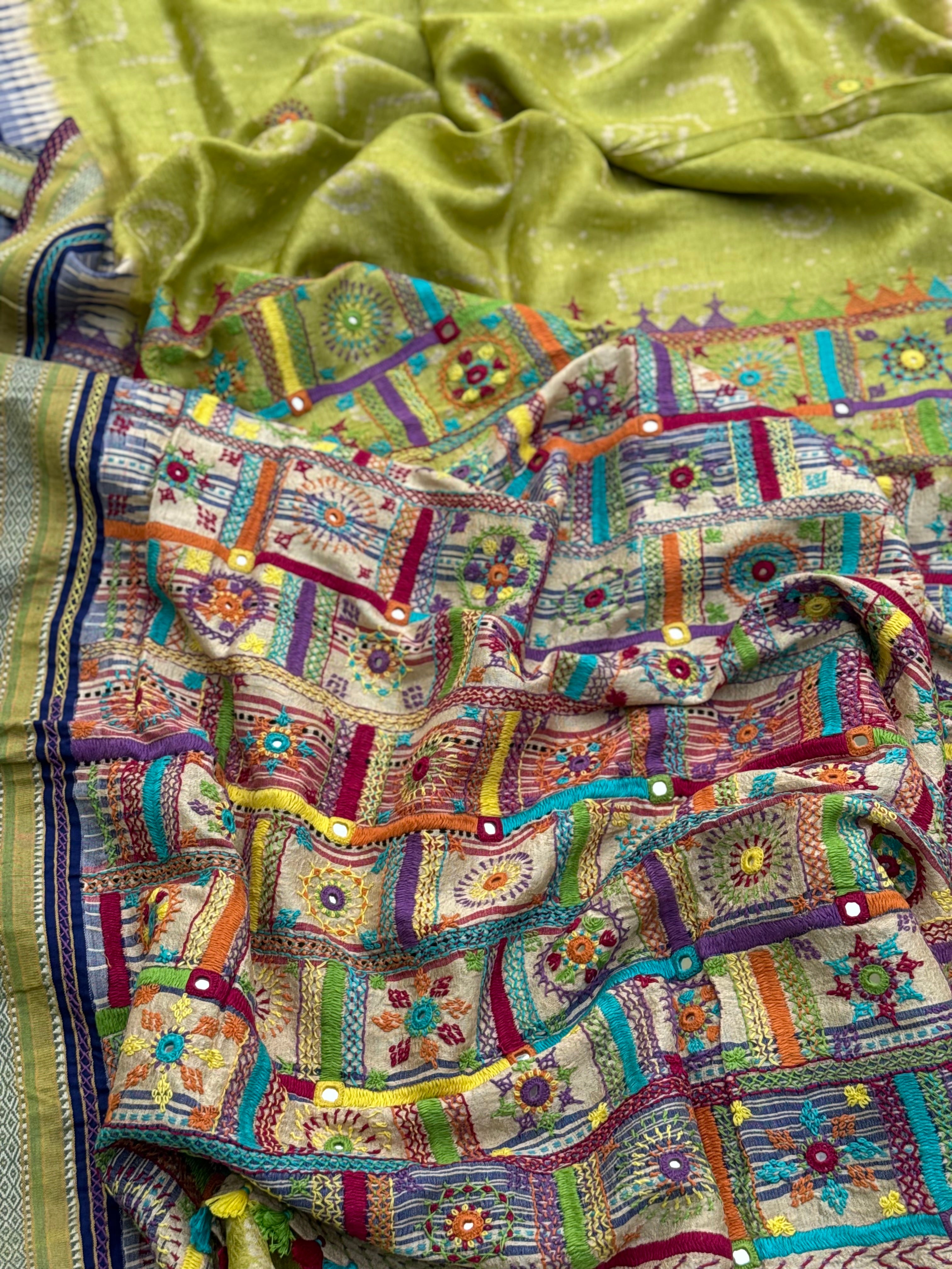 THARAGAI fusion work on handknotted bhandhej with handmade mirrorwork lambani tribal art on vidharbha tussar silk