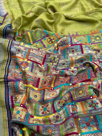 THARAGAI fusion work on handknotted bhandhej with handmade mirrorwork lambani tribal art on vidharbha tussar silk