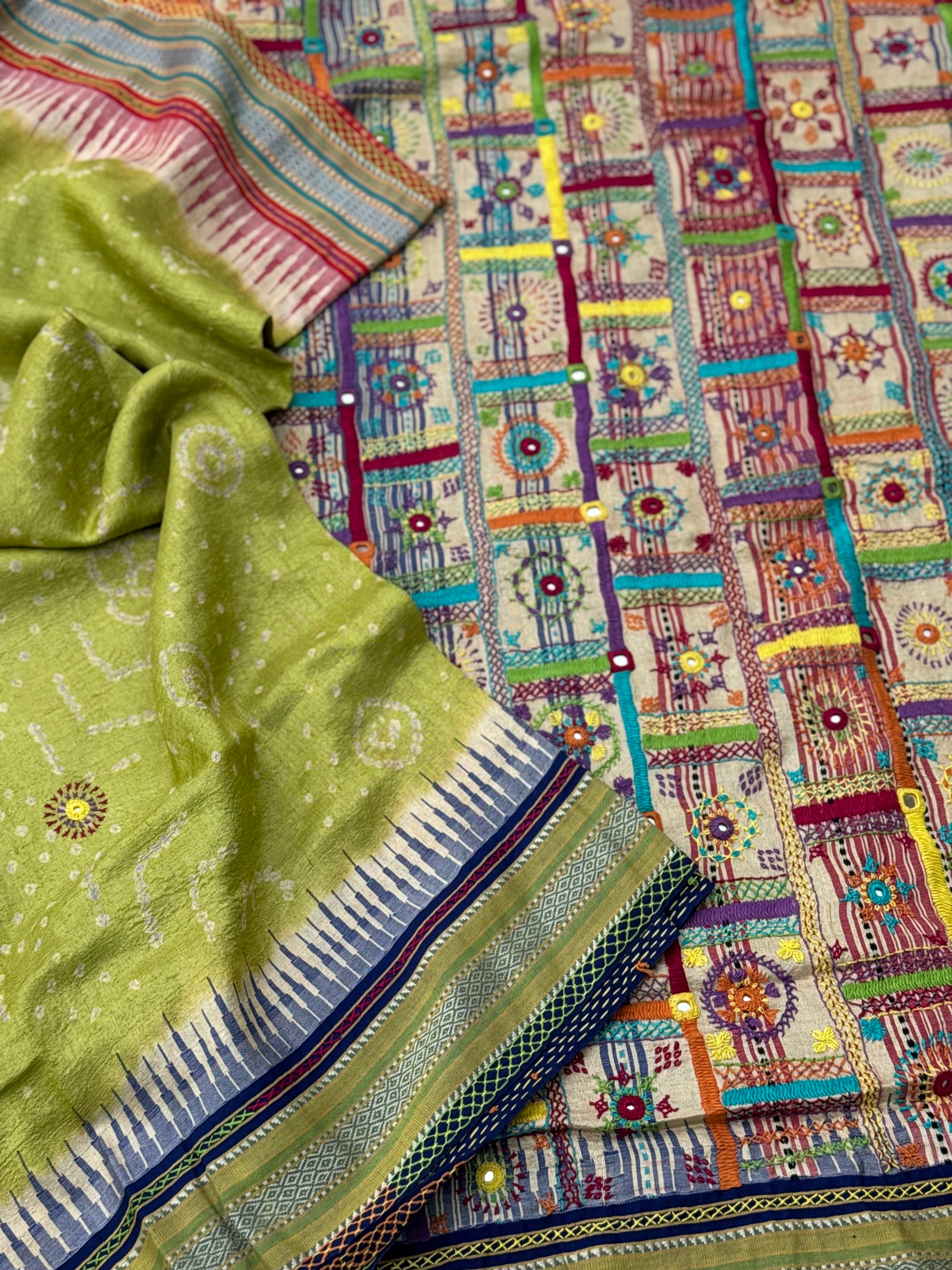 THARAGAI fusion work on handknotted bhandhej with handmade mirrorwork lambani tribal art on vidharbha tussar silk