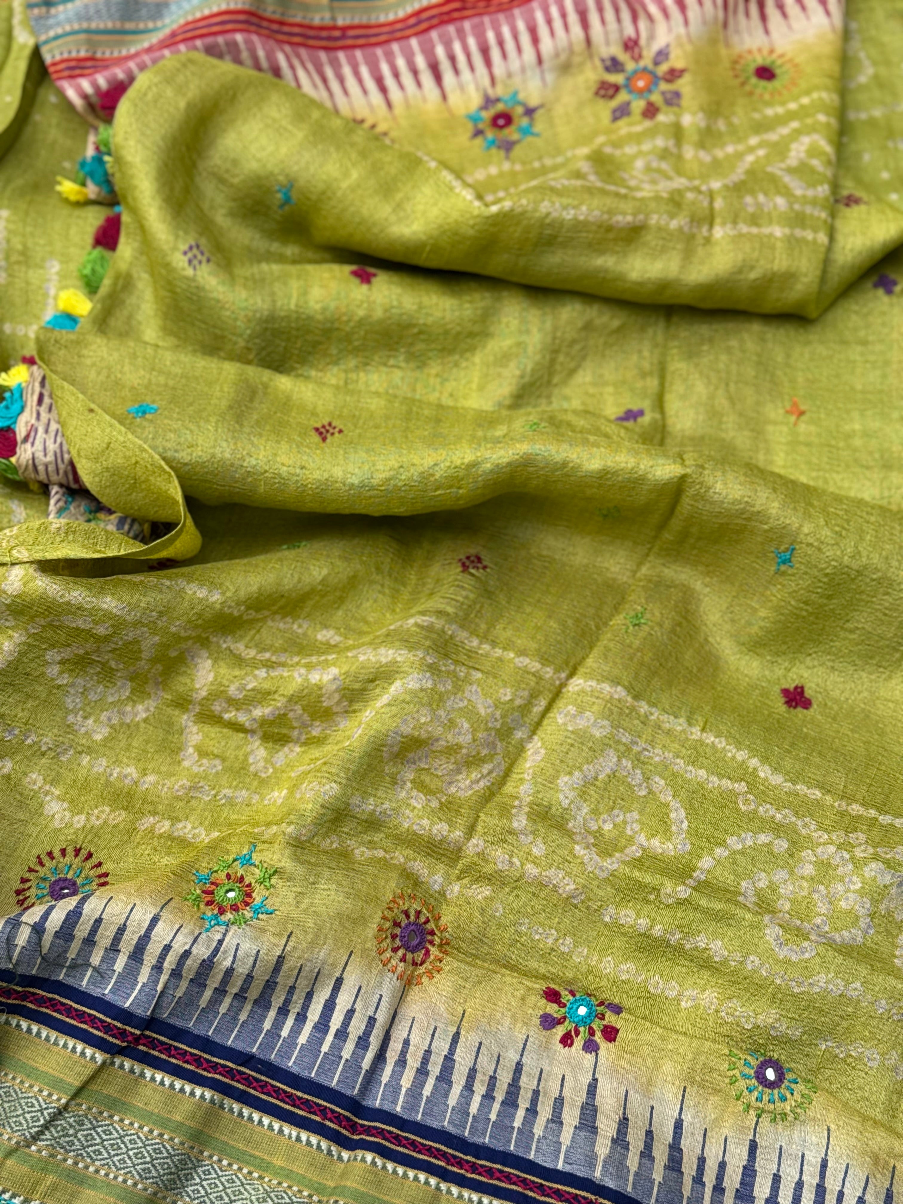 THARAGAI fusion work on handknotted bhandhej with handmade mirrorwork lambani tribal art on vidharbha tussar silk