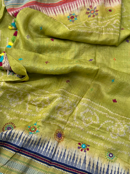 THARAGAI fusion work on handknotted bhandhej with handmade mirrorwork lambani tribal art on vidharbha tussar silk