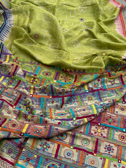 THARAGAI fusion work on handknotted bhandhej with handmade mirrorwork lambani tribal art on vidharbha tussar silk