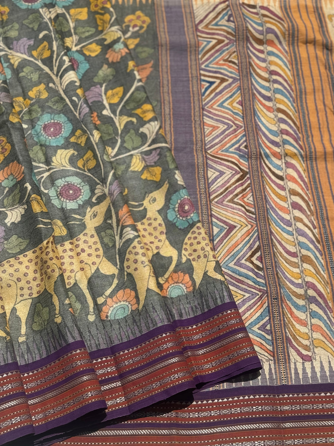 Handdrawn and Handpainted vidharbha TussarSilk Penkalamkari Saree