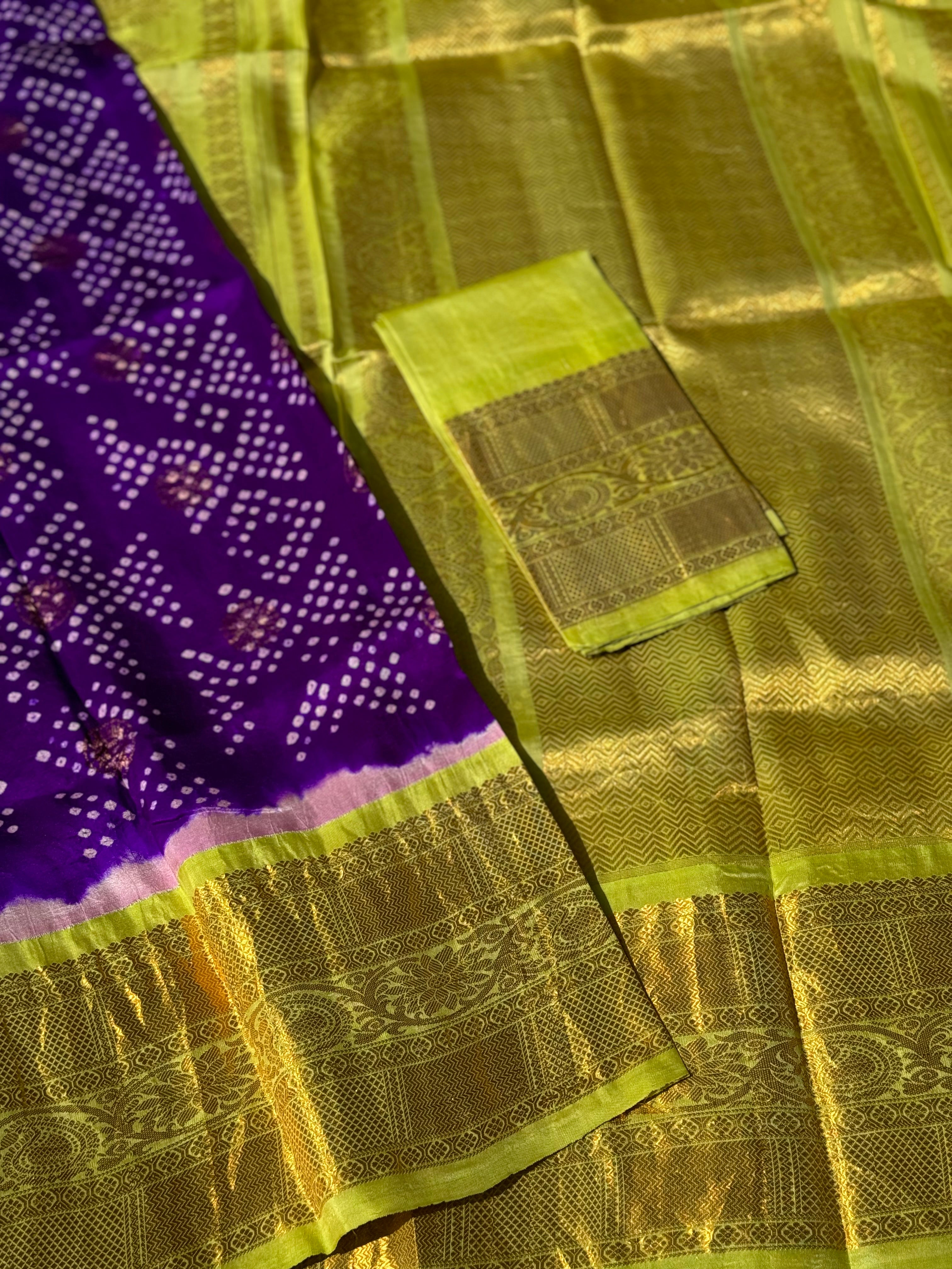 Gorgeous purple with fern green tie and rai Bhandej on gadwal silk