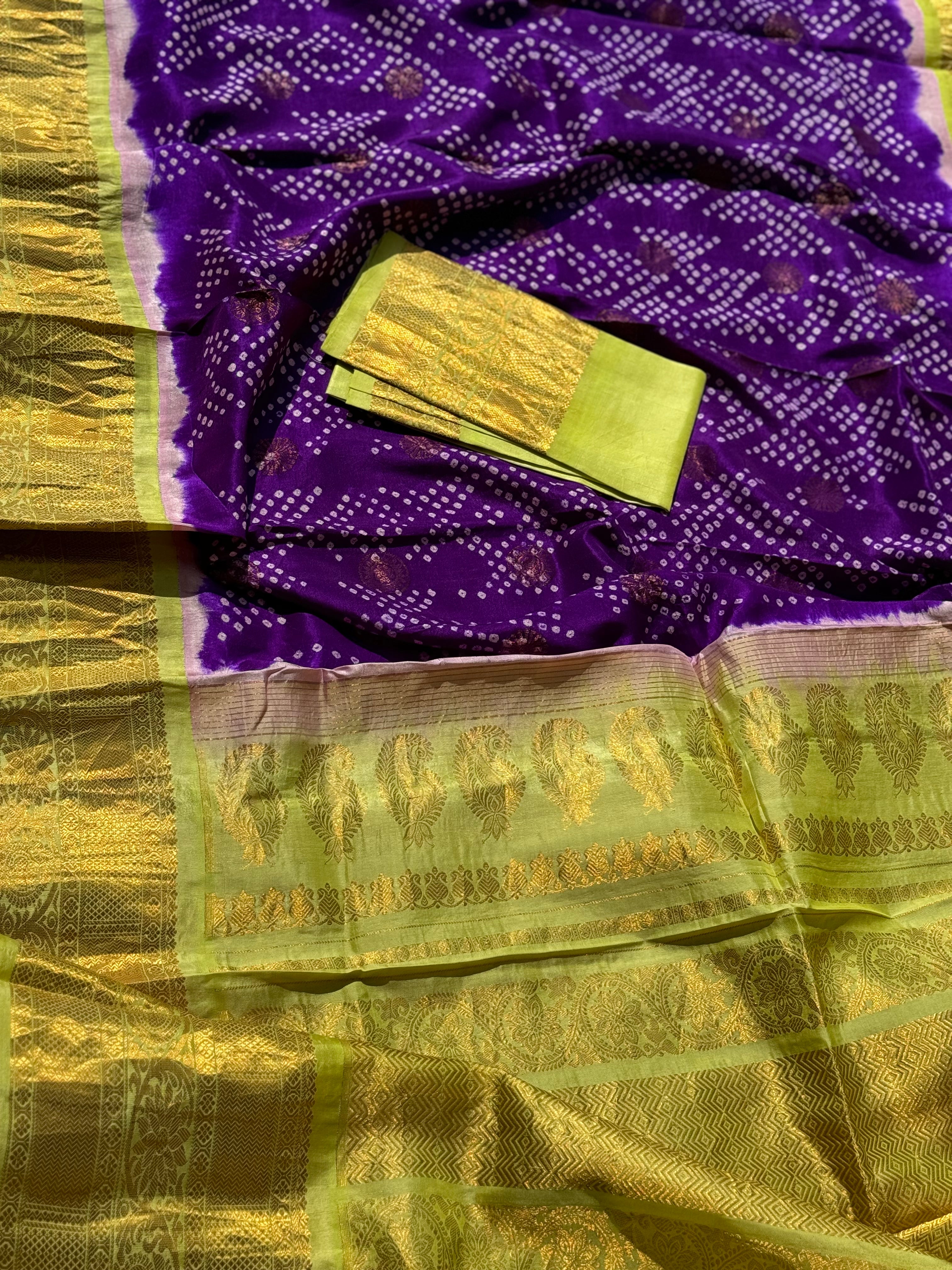 Gorgeous purple with fern green tie and rai Bhandej on gadwal silk