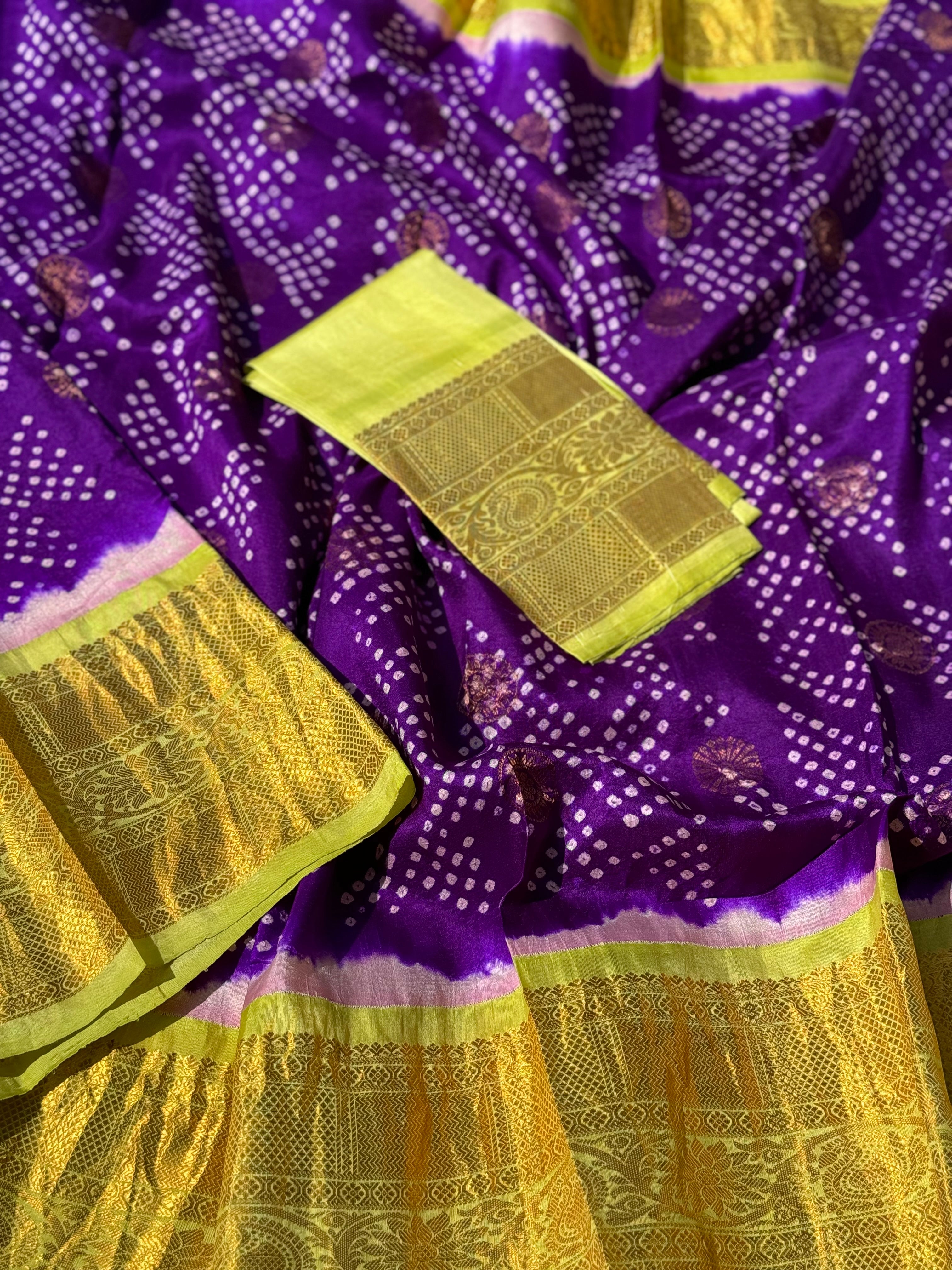 Gorgeous purple with fern green tie and rai Bhandej on gadwal silk