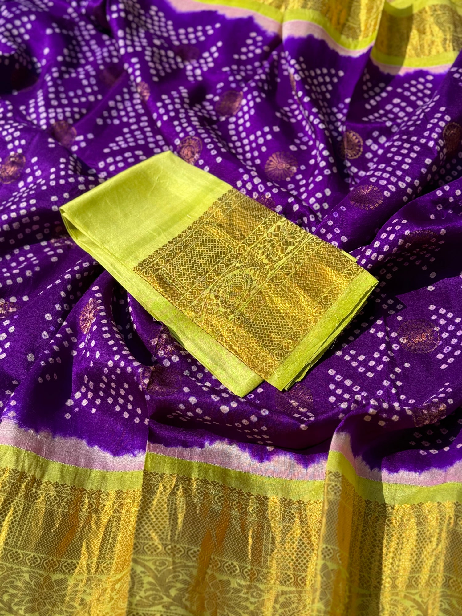 Gorgeous purple with fern green tie and rai Bhandej on gadwal silk