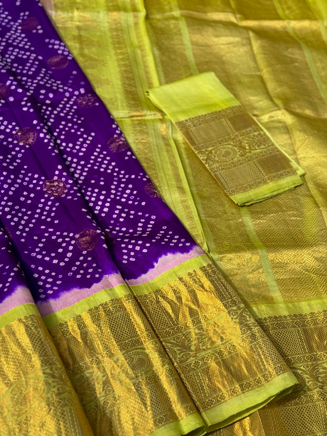 Gorgeous purple with fern green tie and rai Bhandej on gadwal silk