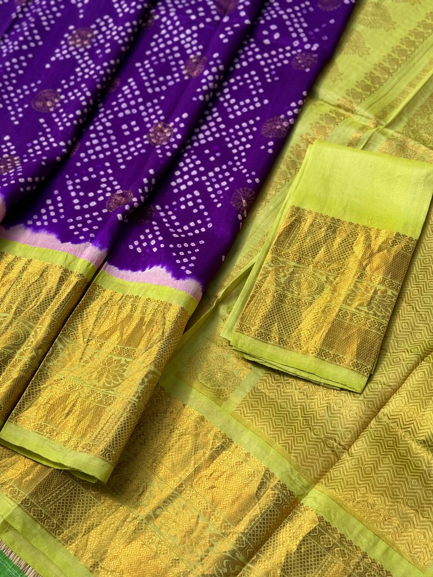 Gorgeous purple with fern green tie and rai Bhandej on gadwal silk