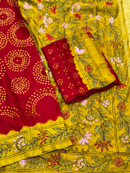 Handwoven Gajji silk with handknotted Bhandej and Katha hand embroidery work saree