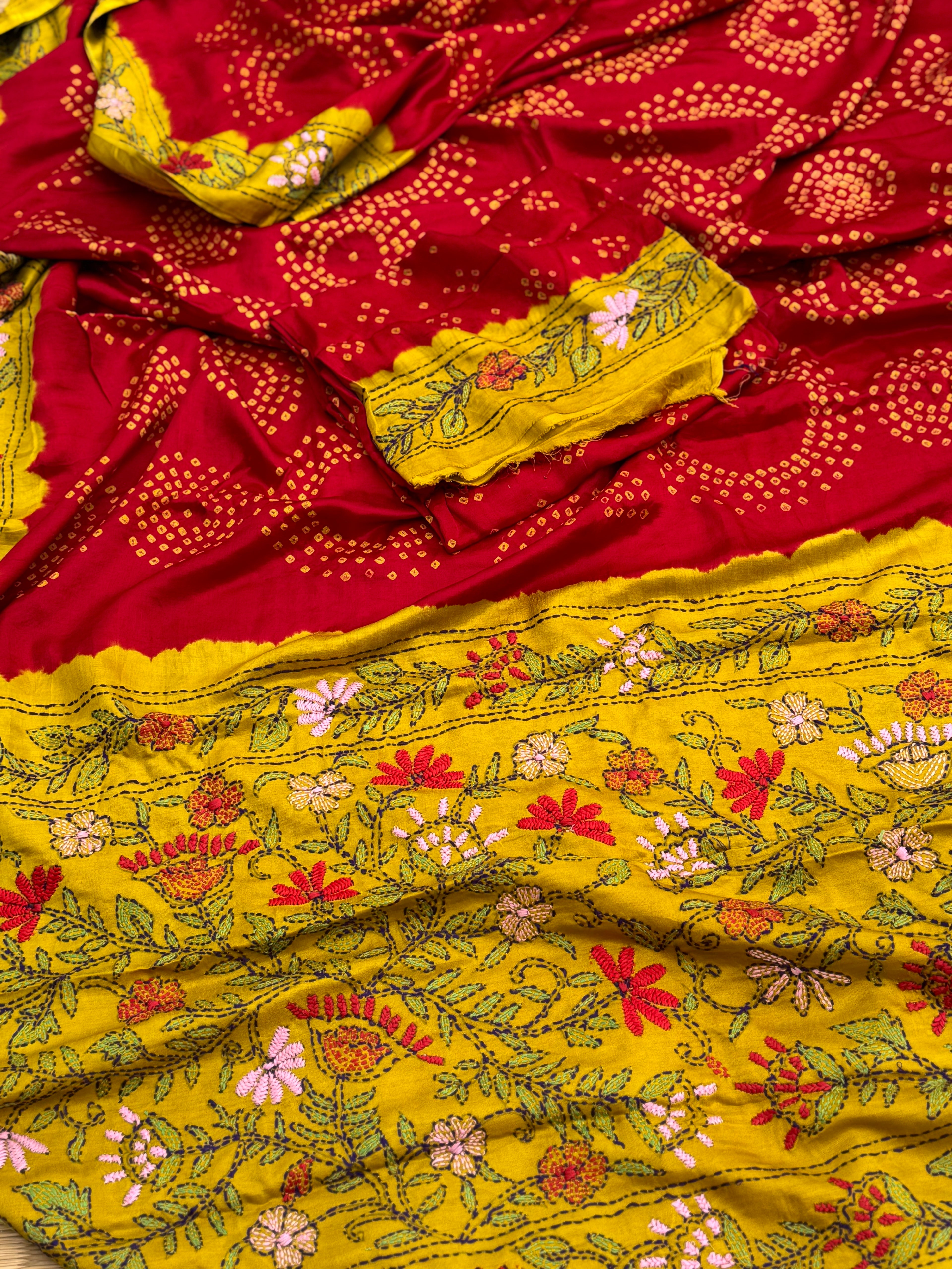 Handwoven Gajji silk with handknotted Bhandej and Katha hand embroidery work saree