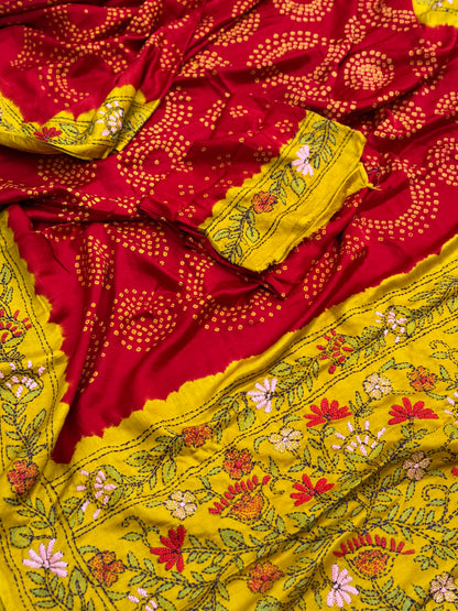 Handwoven Gajji silk with handknotted Bhandej and Katha hand embroidery work saree