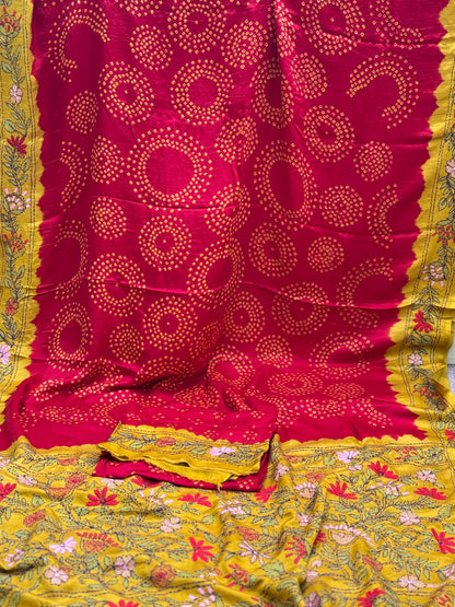 Handwoven Gajji silk with handknotted Bhandej and Katha hand embroidery work saree