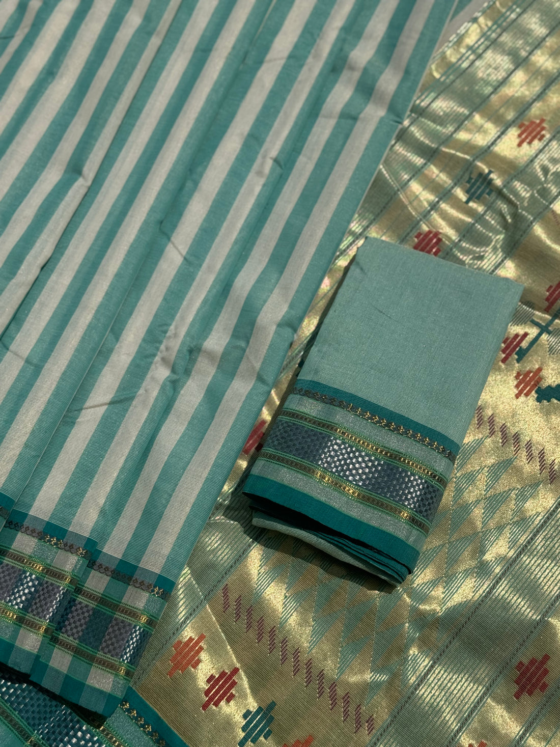 Turquoise Blue Paithani Cotton Saree With Zaristripes Body Tissue Paithani Pallu Kadiyal Border Saree