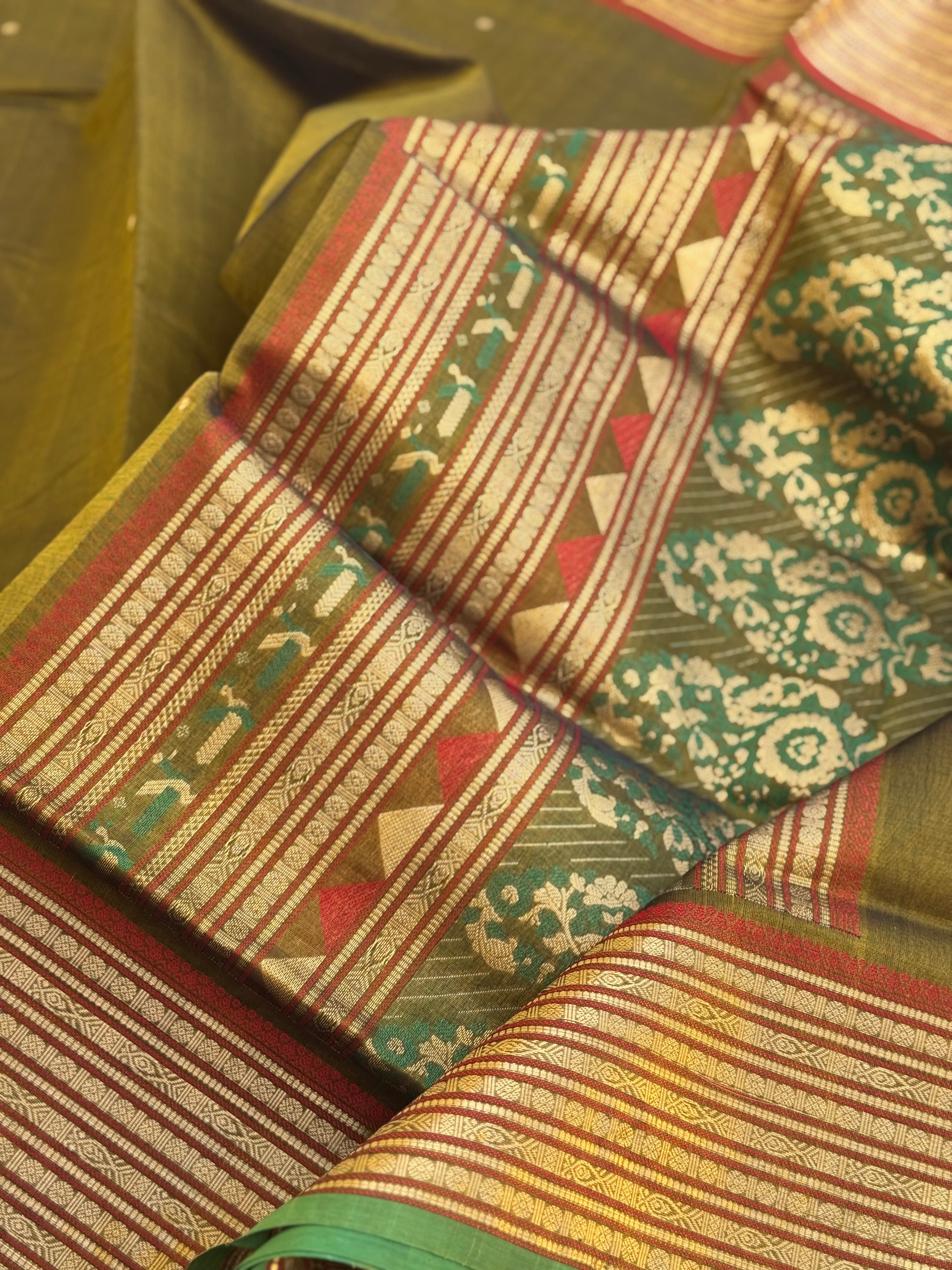 Kanchi silk cotton saree with paithani inspired motifs on pallu