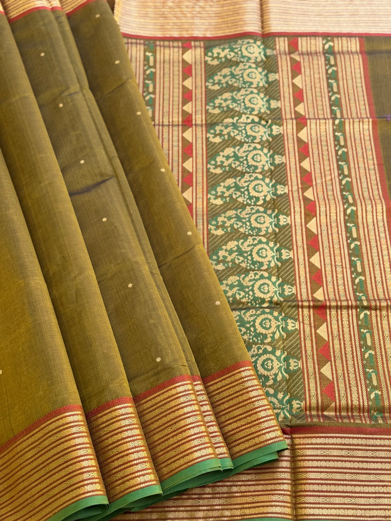 Kanchi silk cotton saree with paithani inspired motifs on pallu
