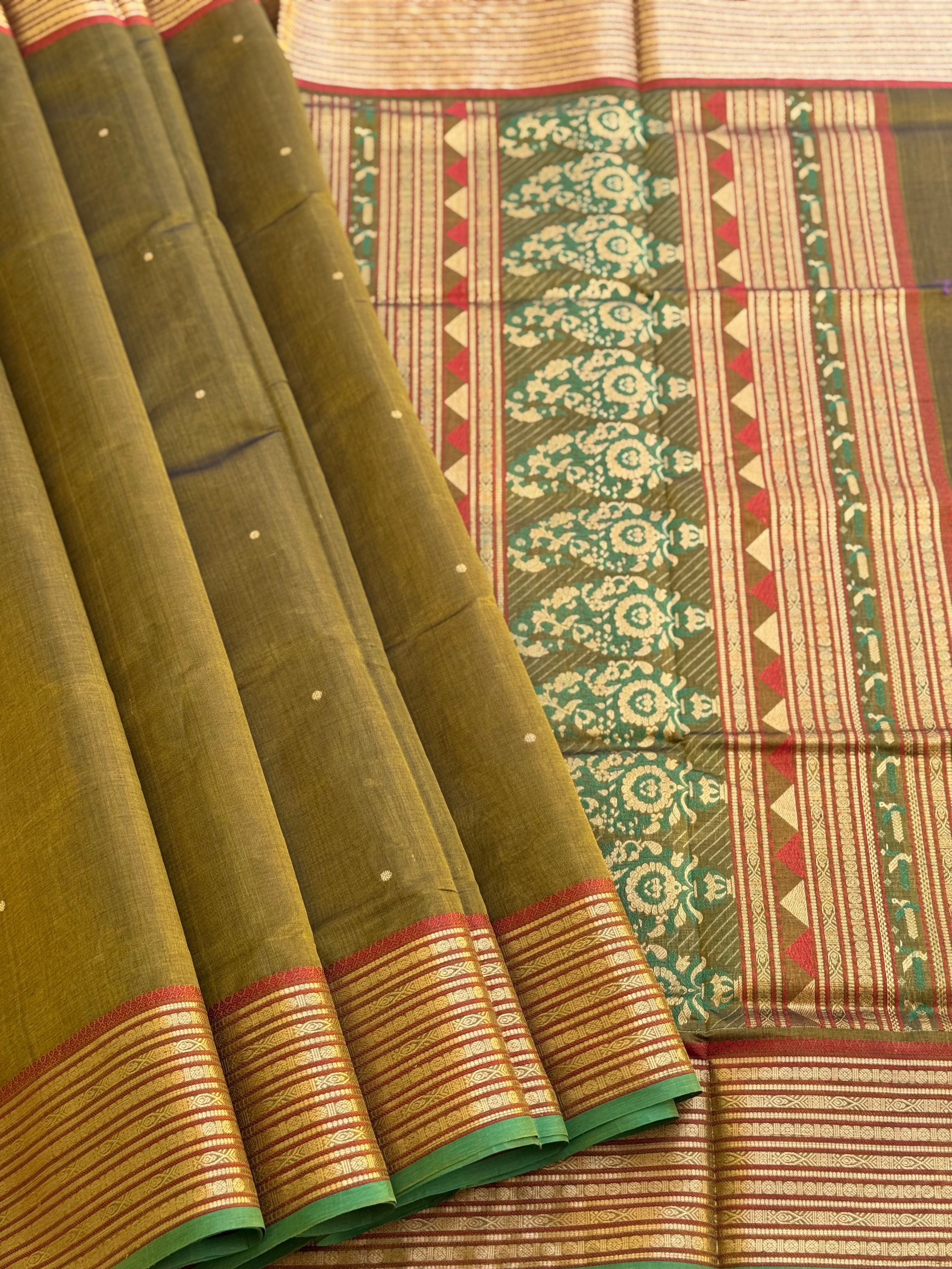 Kanchi silk cotton saree with paithani inspired motifs on pallu