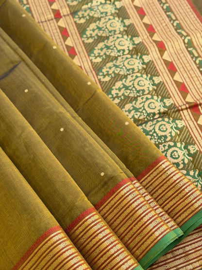 Kanchi silk cotton saree with paithani inspired motifs on pallu