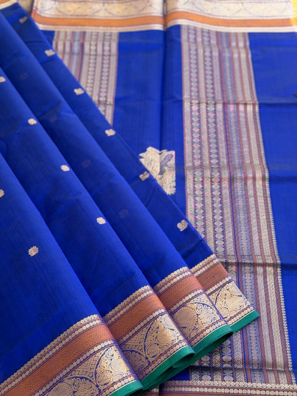 Ms blue Kanchi silk cotton saree with conia buttas