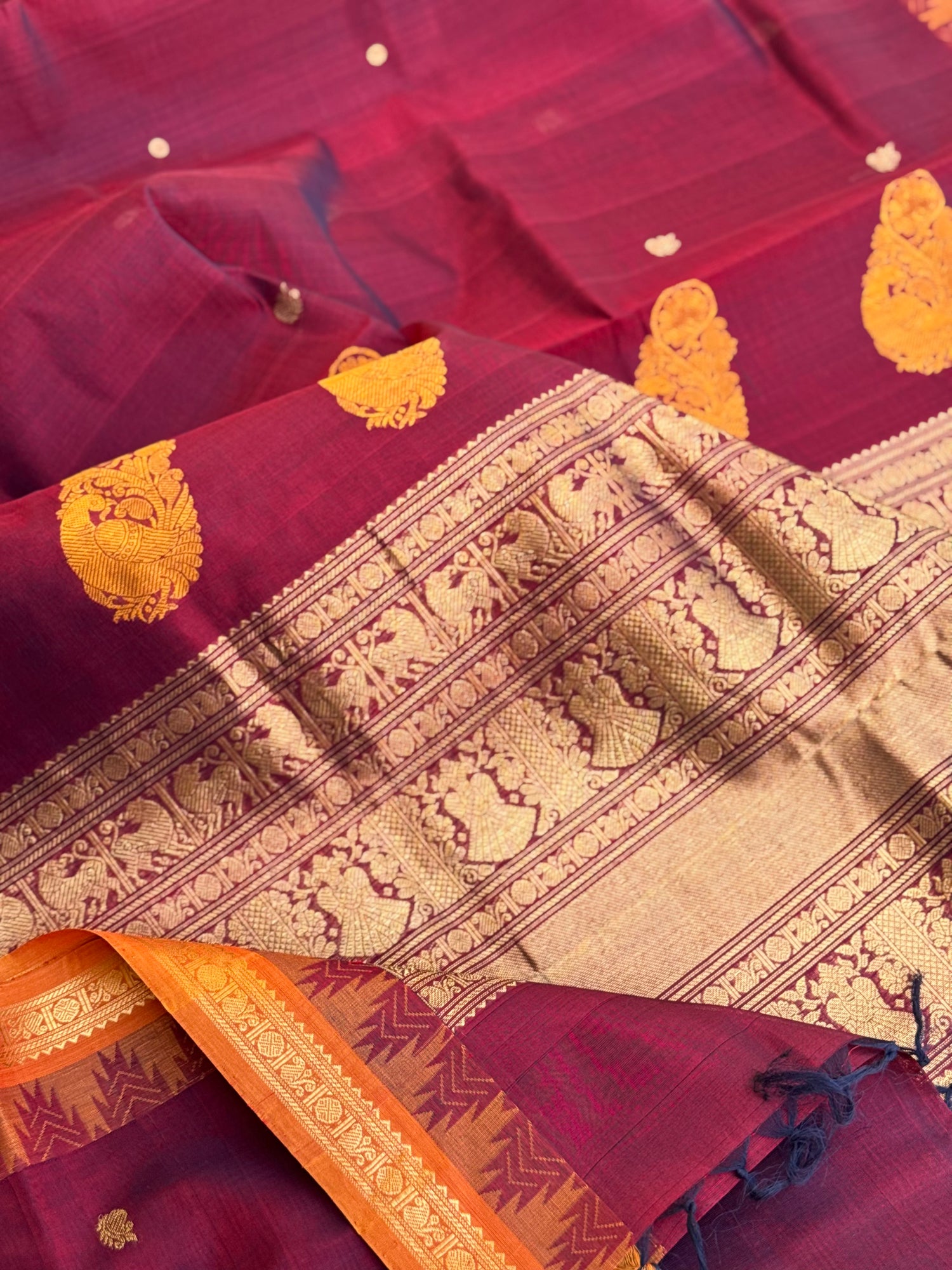 Kanchi silk cotton saree with contrast orange border