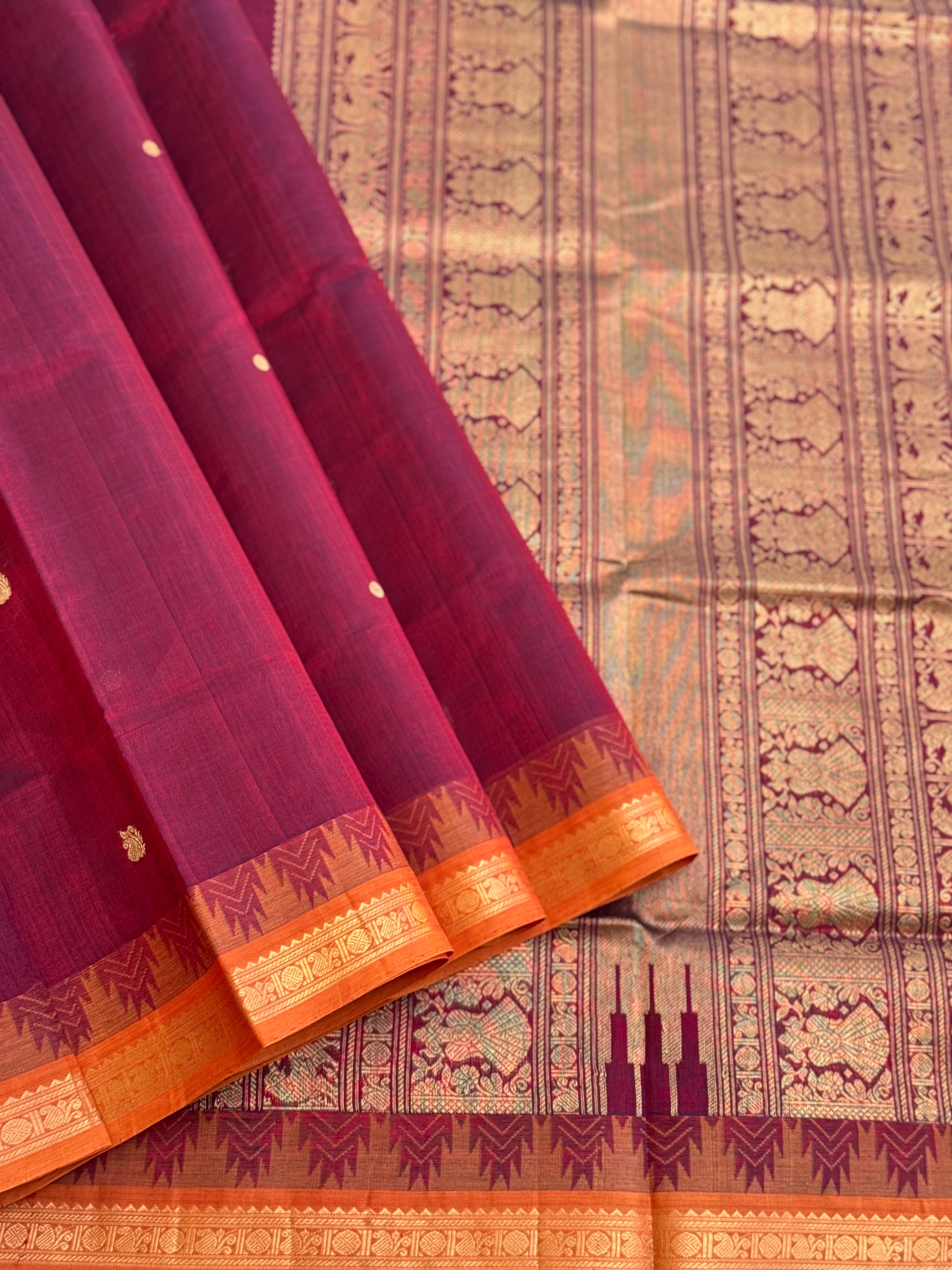 Kanchi silk cotton saree with contrast orange border