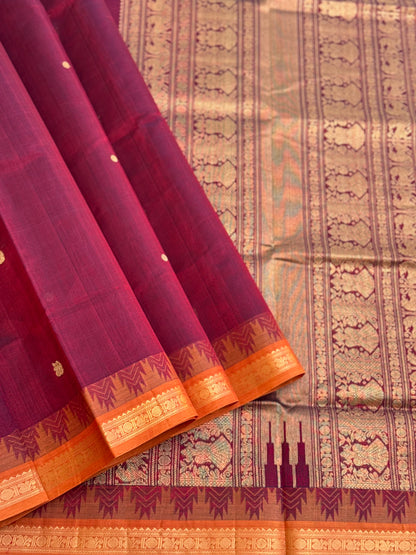 Kanchi silk cotton saree with contrast orange border
