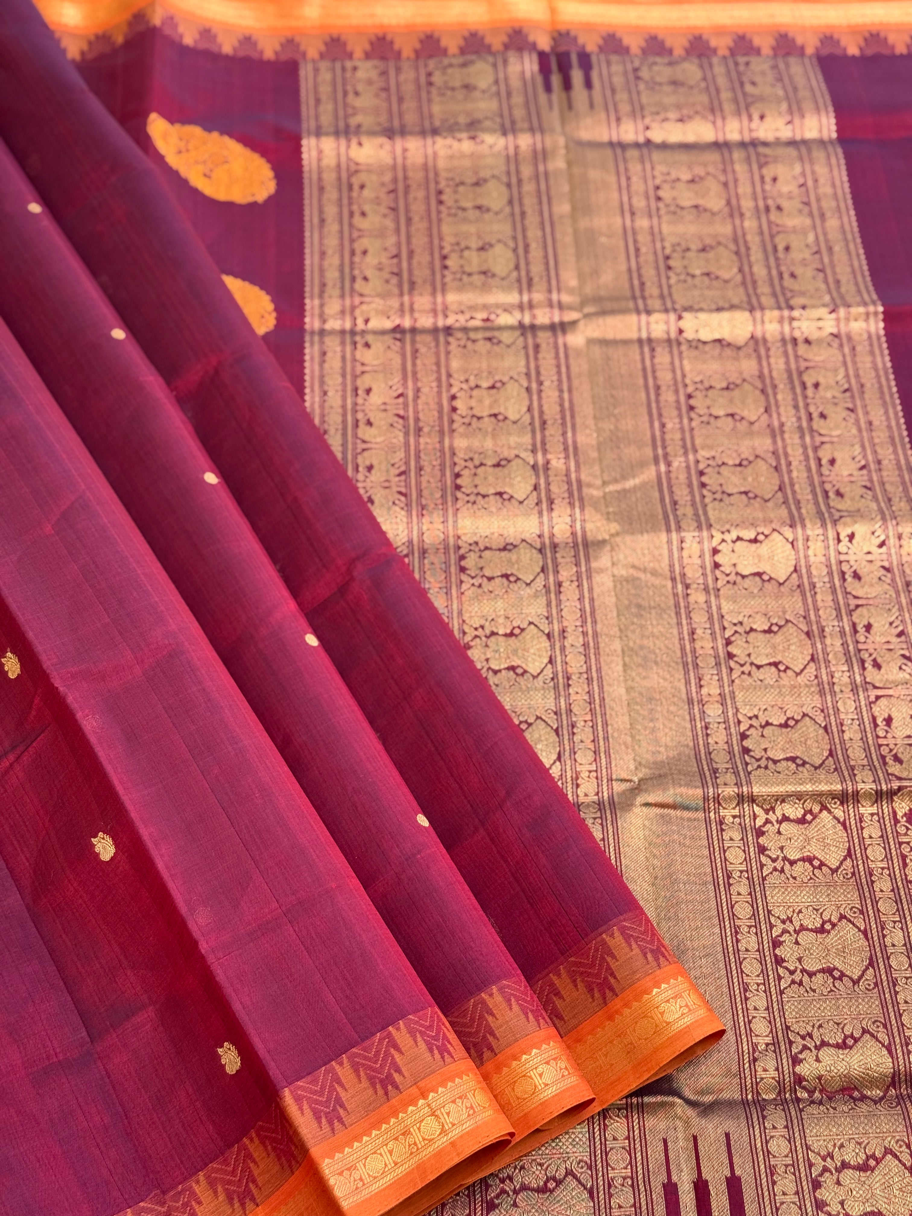 Kanchi silk cotton saree with contrast orange border