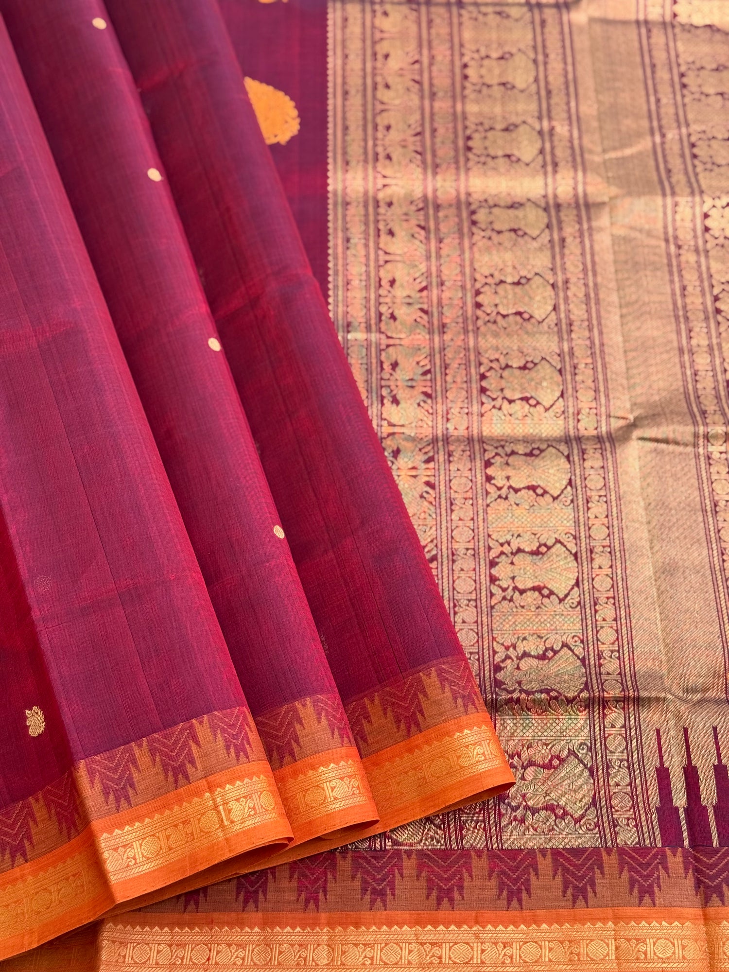 Kanchi silk cotton saree with contrast orange border