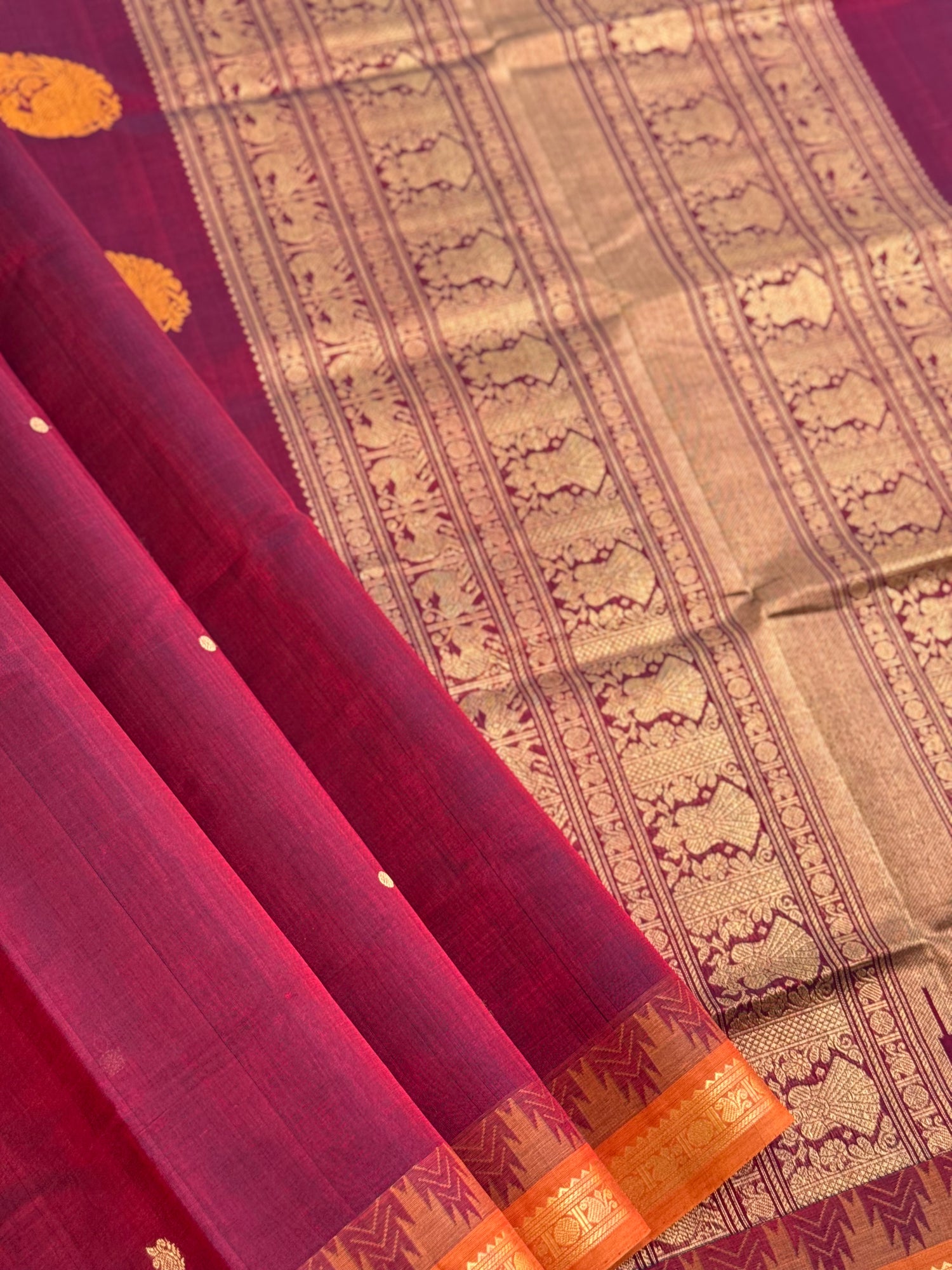 Kanchi silk cotton saree with contrast orange border