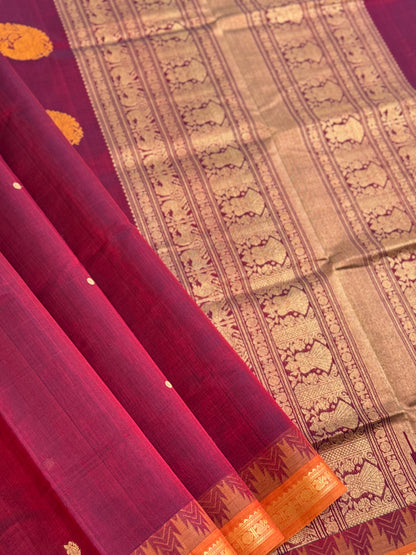 Kanchi silk cotton saree with contrast orange border