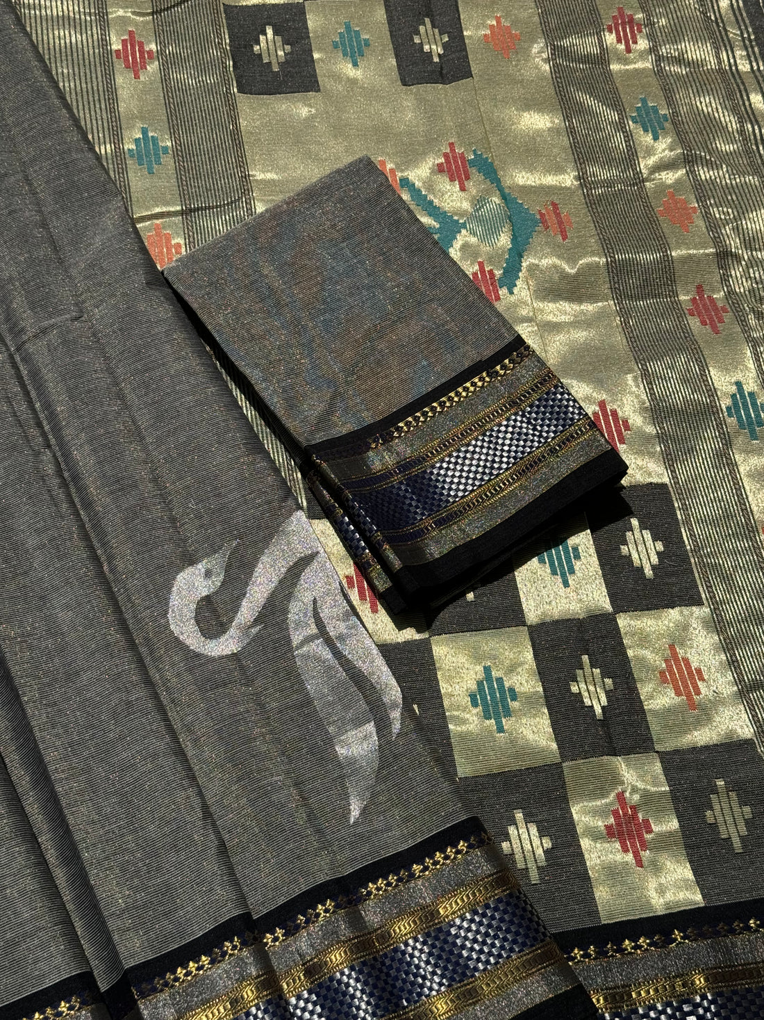 Black with Ivory Paithani Cotton Saree With Zaristripes Body Tissue Paithani Pallu kadiyal Border Saree