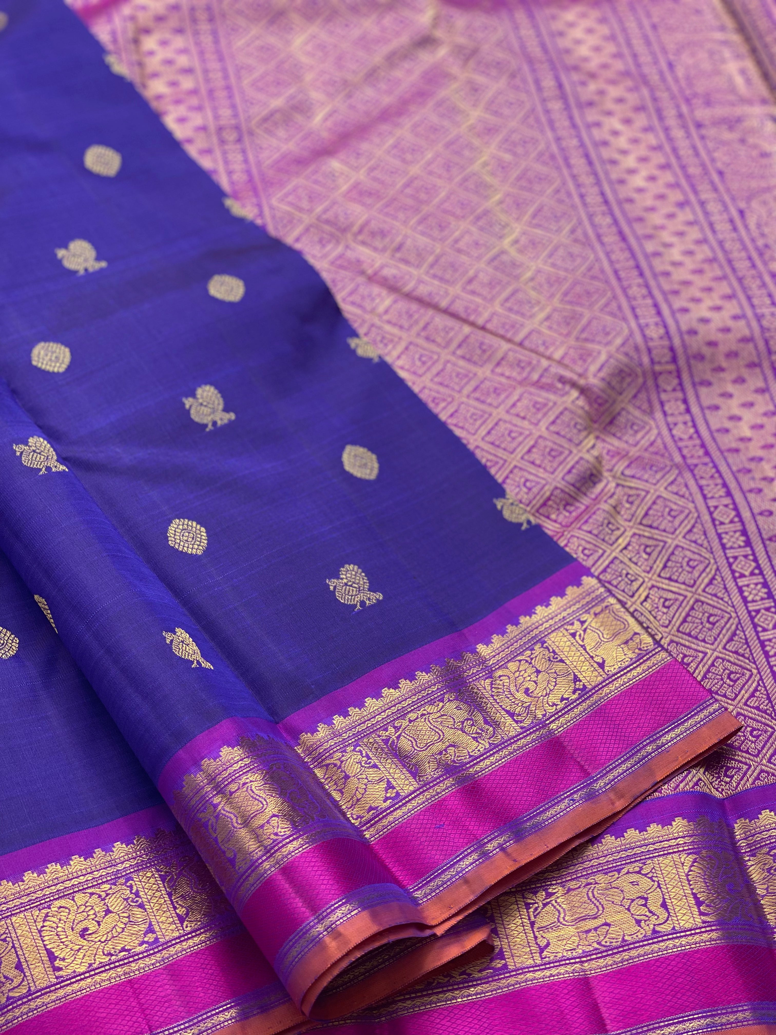 Purple Blue Kanchivaram Silk Saree with Annam Kamalam Buttas