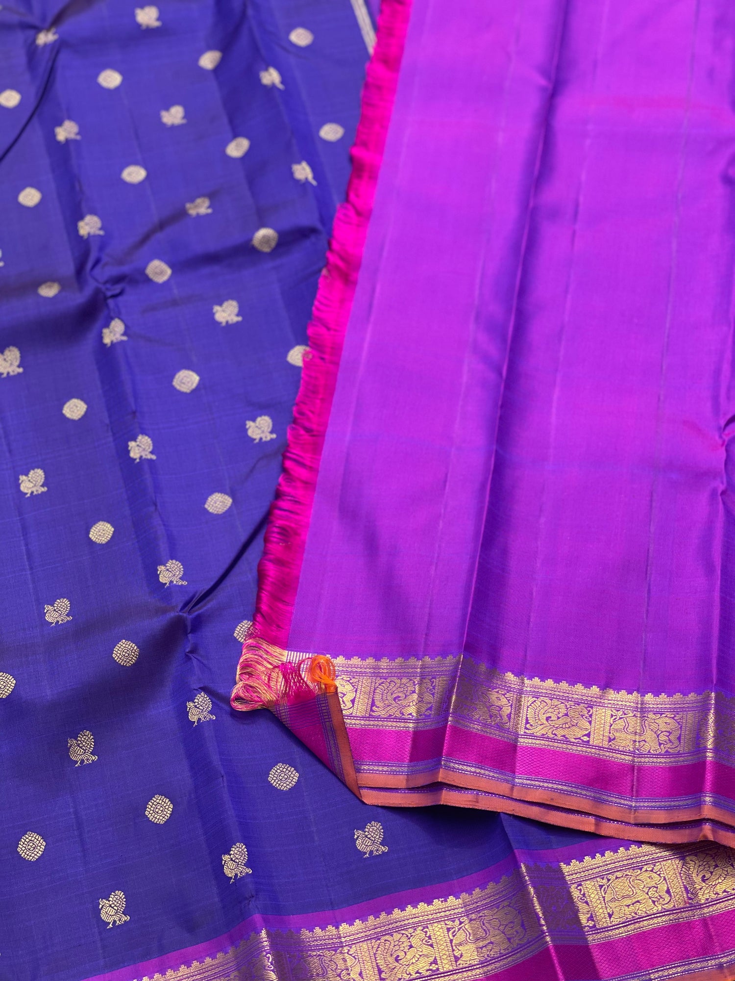 Purple Blue Kanchivaram Silk Saree with Annam Kamalam Buttas