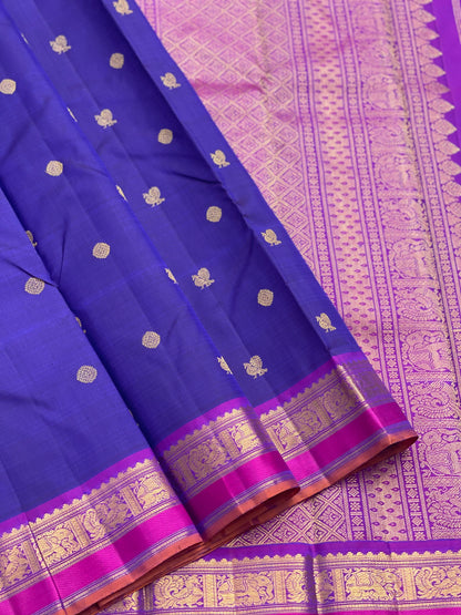 Purple Blue Kanchivaram Silk Saree with Annam Kamalam Buttas